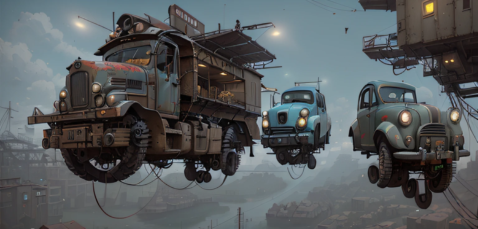 Three vehicles fly in the air, Simon Stalenhag's style, Simon Stalenhag is very detailed, Orchid MakK, Simon Stallenhag, simon stålenhag. Digital Art, based on Ian McCue, Concept art by Sergey Kolesov, Stalenhag Style, Sergey Kolesov