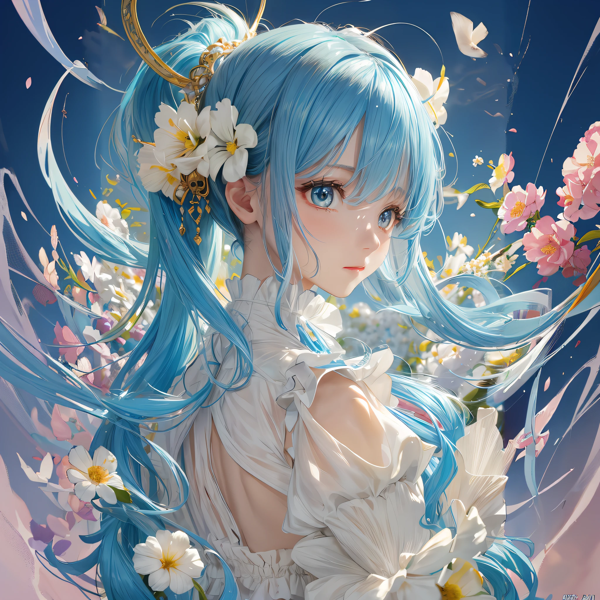 anime girl with blue hair and a flower in her hair, style of anime4 K, Anime art wallpaper 4k, Anime art wallpaper 4 K, Anime art wallpaper 8 K, Detailed digital anime art, Anime wallpaper 4 k, Anime wallpaper 4K, 4K anime wallpaper, 4k highly detailed digital art, Beautiful anime girl, Beautiful anime, Beautiful anime artwork