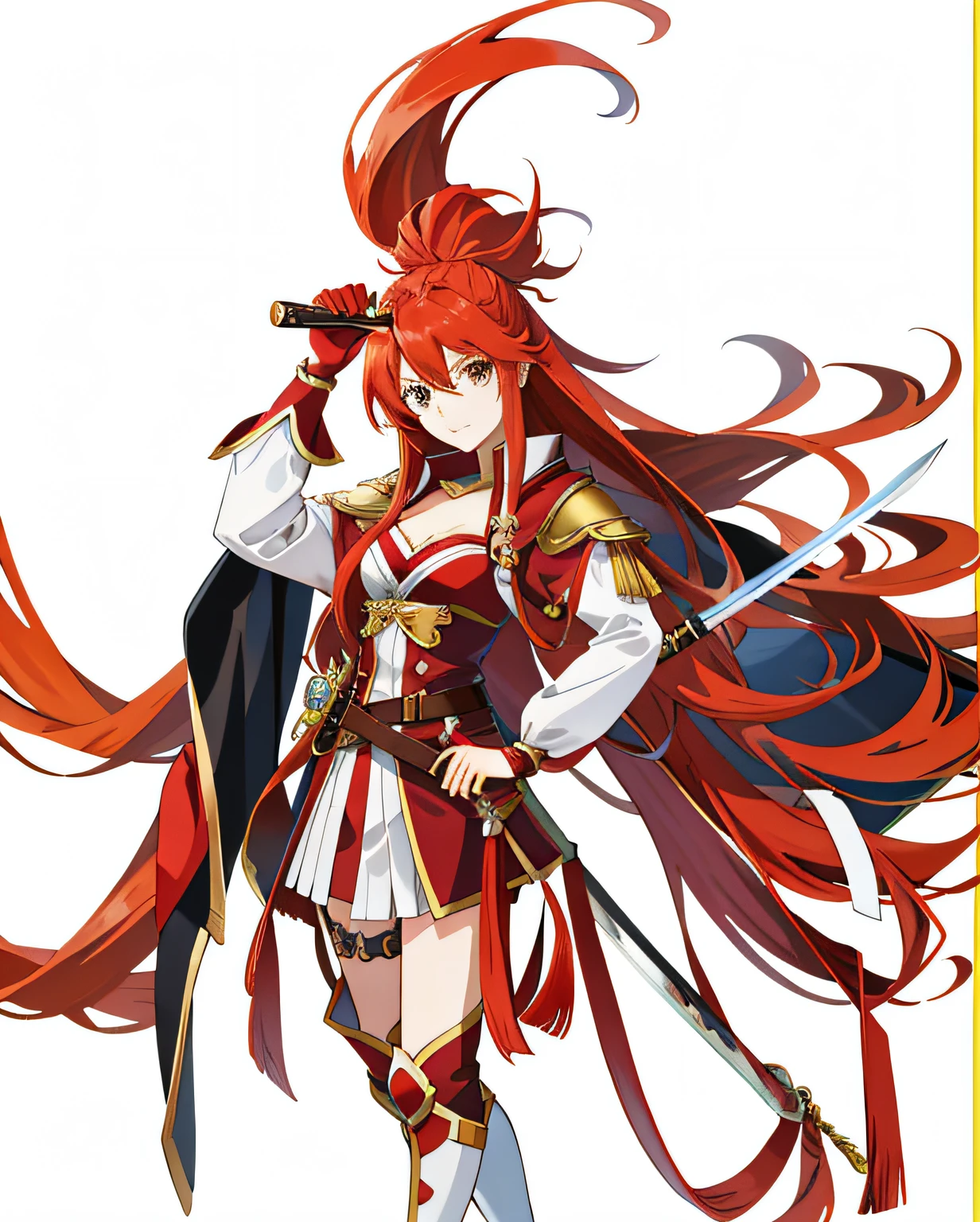 Anime girl with long red hair riding a horse with a sword, Marin Kitagawa fanart, pirate queen, inspired by Li Chevalier, rias gremory, marisa kirisame, nobutaka ike, offcial art, zerochan art, erza scarlet as a real person, she has long redorange hair, pudica pose, official character art, lina