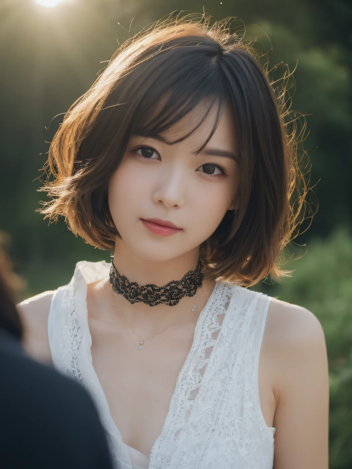 best qualtiy, tmasterpiece, 超高分辨率, (realisticlying:1.5), RAW photogr, 1girll, ssmile,bshoulders,choker necklace,Black lace eye patch,in the darkness nigth, deep shading, low tune, cold light, Sexy look, short detailed hair,rays of sunshine