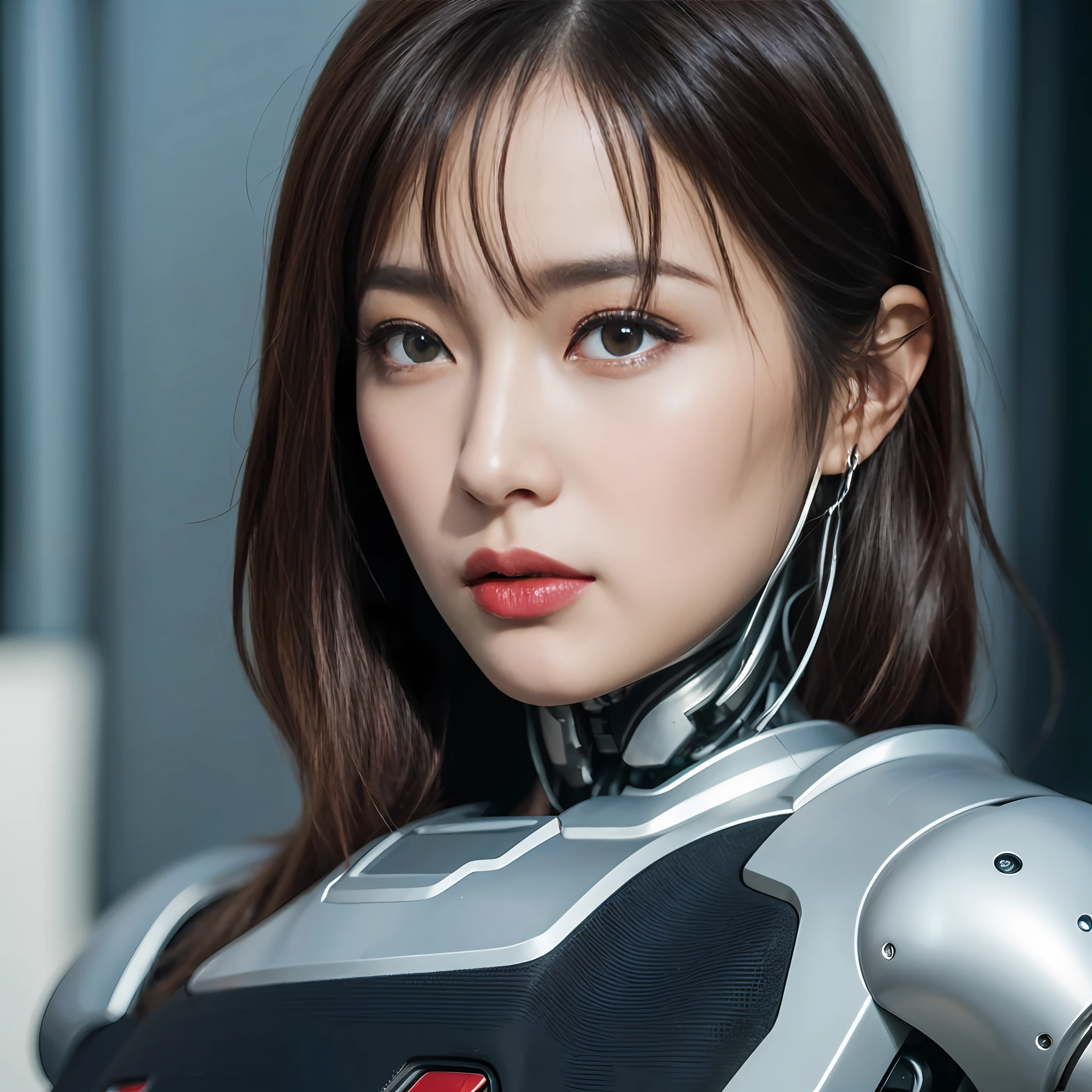 Female android face, cyborg, robot parts, 150mm, beautiful studio soft light, cyberpunk, cable wire, microchip, elegant, beautiful background, masterpiece, delicate and beautiful, (realistic, photorealistic: 1.37), top quality, CG unity 8k wallpaper, silver halmet, red, lipstick,
