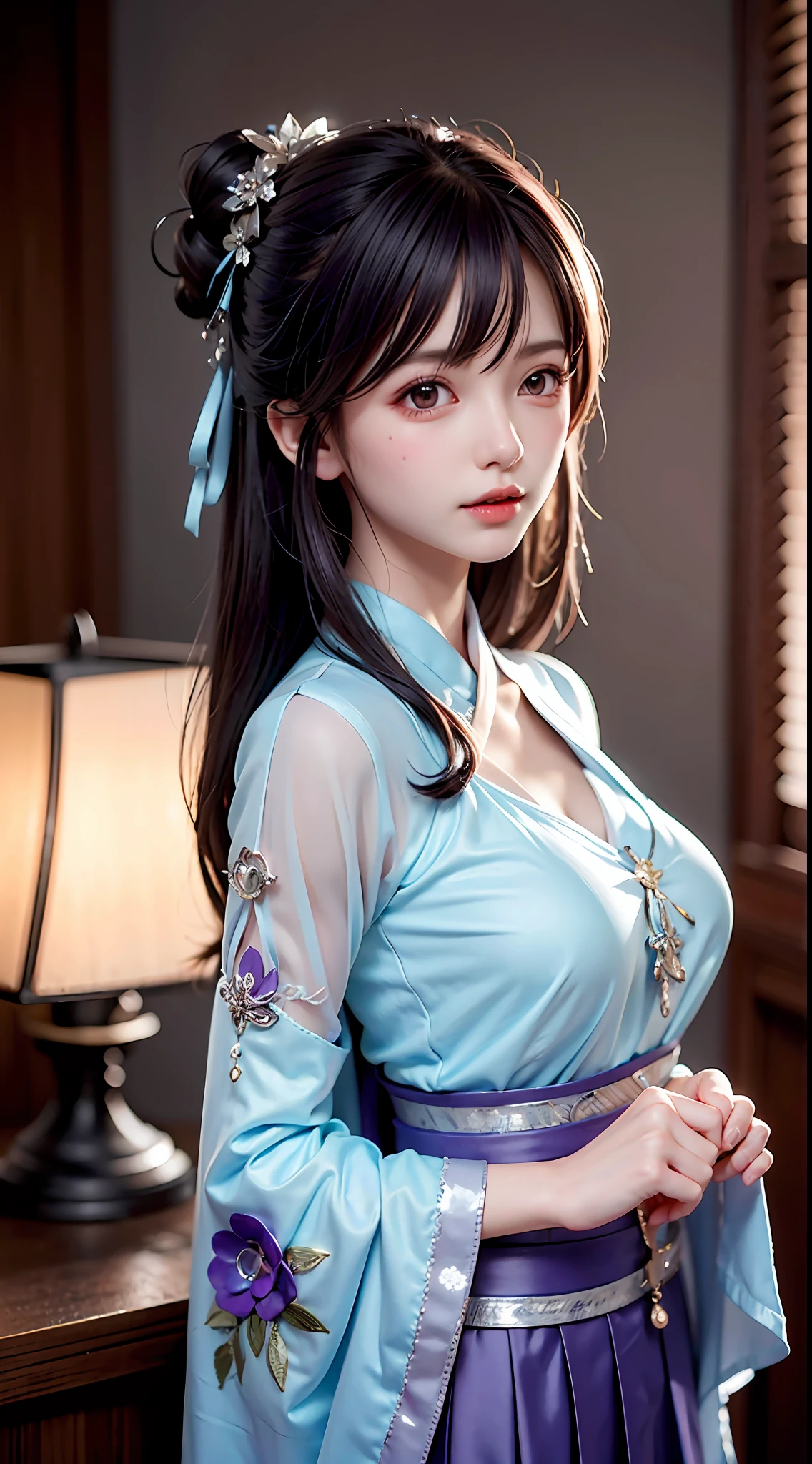 Bust photo，a  beautiful female，messy  hair，teens girl，Symmetrical bun，hair adornments，jewelry，The face is delicate，eye shadows，Purple top，purpleish color，purple，Crop topping，long purple skirt，Japanese style，Delicate embroidery，silver decoration，silver streamer，white streamer，Light blue streamer，Fine fine skin，Soft light effects，Delicate and smooth hair，exquisite detailing，eyes highlights，Fair skin，Fine portrayal，Ultimate detail，Cinematic quality，being thin，slenderness，Fragmentation，hair detail，Thin bangs，Shawl hair，Correct bodies，shadowing，Air bangs，8K，Super meticulous，Fine fabric texture，softness，complaisant，Smooth texture，japanese-inspired，Delicate pattern，correct hand painting，anatomy correct，acurate，the night，Night，lamplight，Dingdall effect，Ray traching，Head-up display，