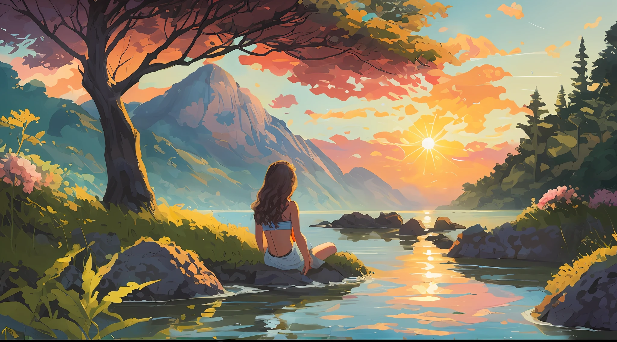 pintura de uma mulher sentada em uma rocha em um rio, Arte bonita UHD 4K, pintura detalhada 4K, estilo de arte impressionante, pintura de bonito, a beautiful artwork illustration, girl watching sunset, inspirado em Cyril Rolando, Jen Bartel, pintura bonita, pintura digital bonita, pintura digital 4k, Pintura digital 4K, Pintura digital 4k