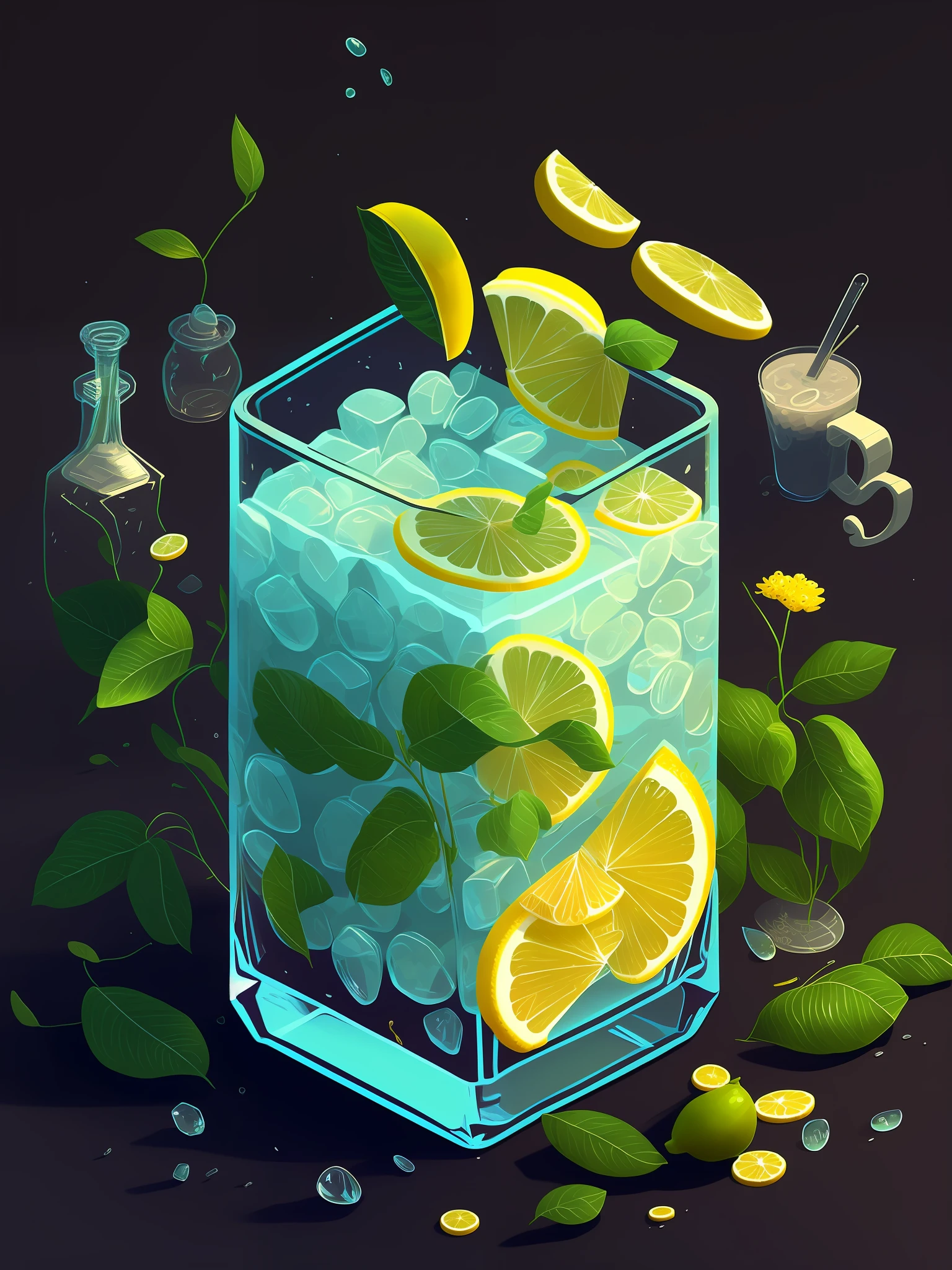 There is a glass,Inside there are drinks and lemon slices, Detailed 2D illustration, 3d grainy aesthetic illustration, Highly detailed illustration, Cute detailed digital art, high detail illustration, stunning digital illustration, in style of digital illustration, overdetailed digital art, Stylized digital illustration, Stylized digital art, 3 d epic illustrations, sprite art