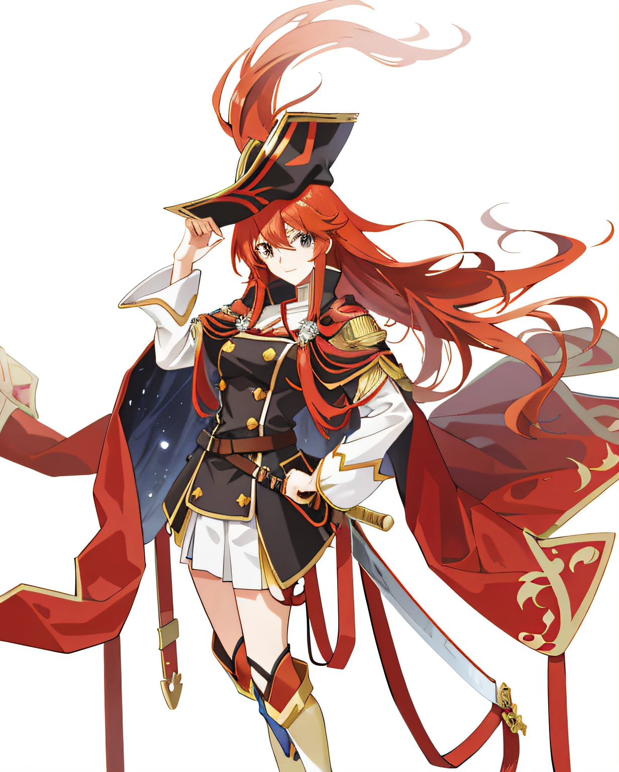 Anime girl with long red hair riding a horse with a sword, Marin Kitagawa fanart, pirate queen, inspired by Li Chevalier, rias gremory, marisa kirisame, nobutaka ike, offcial art, zerochan art, erza scarlet as a real person, she has long redorange hair, pudica pose, official character art, lina
