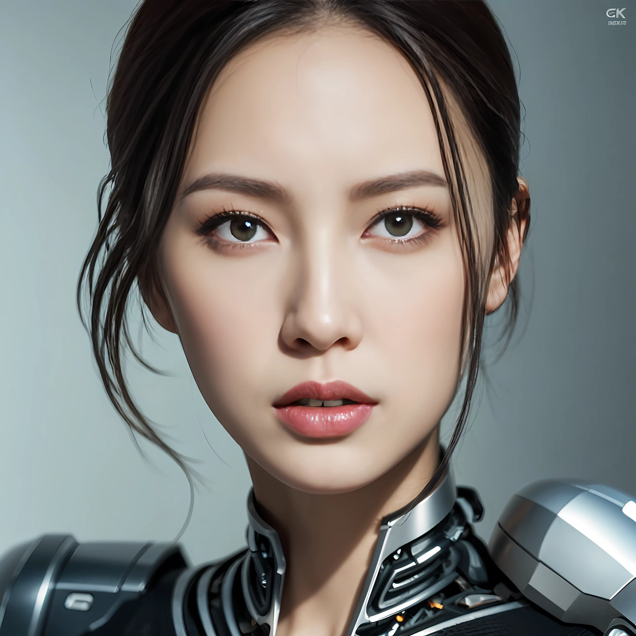 Female android face, cyborg, robot parts, 150mm, beautiful studio soft light, cyberpunk, cable wire, microchip, elegant, beautiful background, masterpiece, delicate and beautiful, (realistic, photorealistic: 1.37), top quality, CG unity 8k wallpaper, silver halmet, red, lipstick,