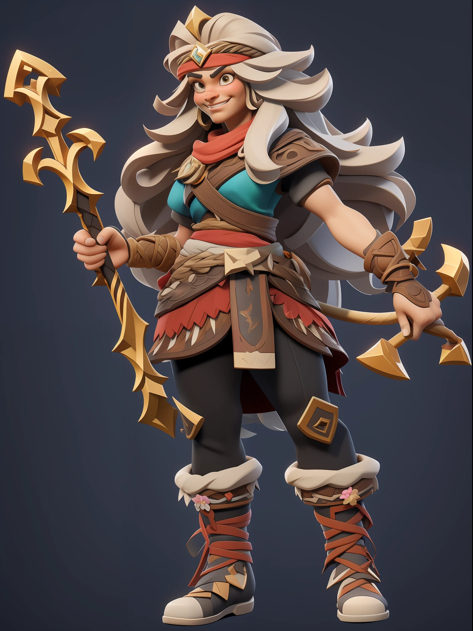 1 beautiful long-haired girl，Full body like，（European and American cartoon Q version，3D model rendering，Primitive barbarian style），Skinny archer，Floral decoration，Barbarians，Clash Royale style，Cartoon model rendering，low poly，highly details eye、beauitful face，Mini Dwarf，Complicated details，Full body standing painting，white backgrounid，tmasterpiece，best qualtiy，Best resolution，8K