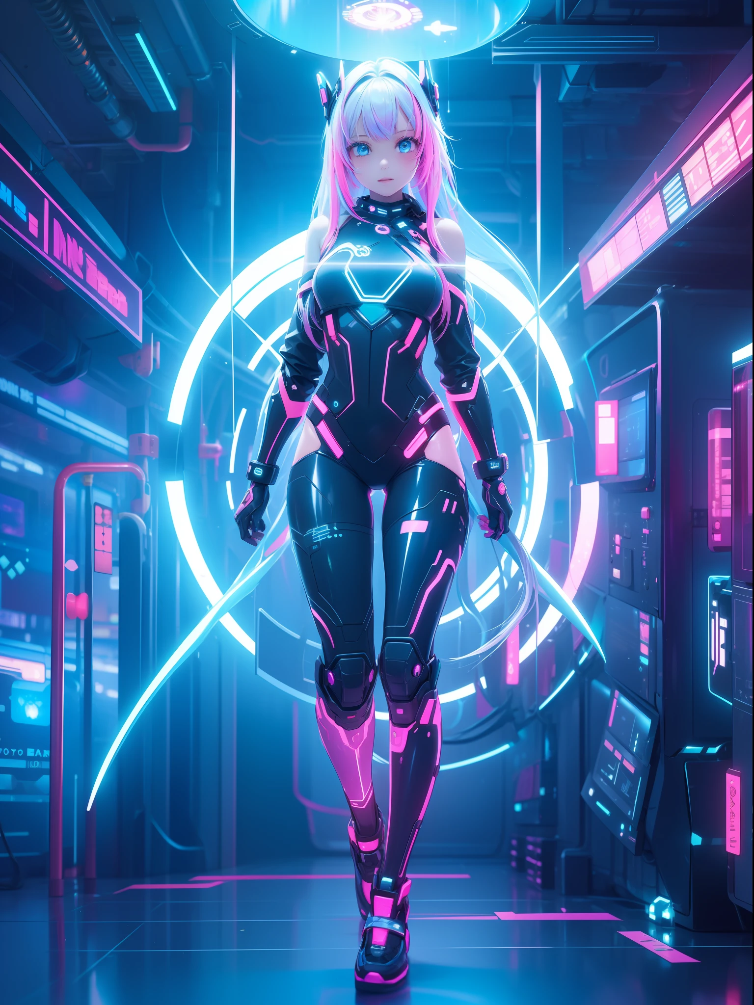 1girll，Cute beautiful girl，cyber punk Girl，perfect body figure，Translucent body，Bio-luminescence，Rainbow skirt，Sexy clothes，dynamicposes，rich details​，Science fiction world，Fantasy composition，Creative wallpapers，illusory 5，Ray traching，fluorescent hair，sliver long hair。