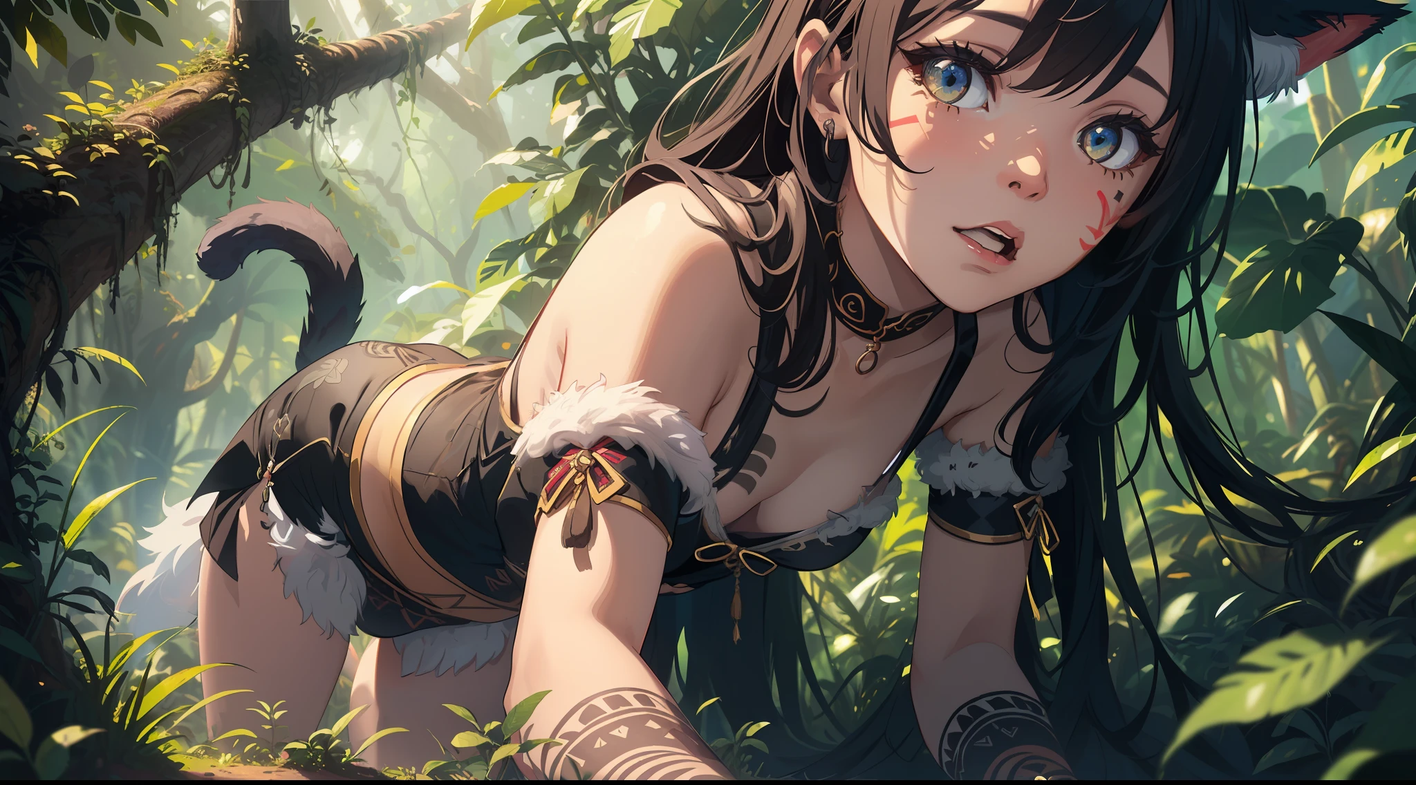 A highly detailed pov illustration of (((female, cat ears, cat tail, young, petite, flat chest, young, lithe, tribal catgirl)), ((flat chest, small breasts, a-cup, ultra petite body)) climbing overgrown ruins, (detailed eyes, ultra detailed eyes), viewed from behind, close-up, blushing heavily, ((detailed cameltoe)) mons visible, inguinal crease, showing off body, ((primitive tribal outfit, exploring, tribal body markings)), (detailed fur texture, detailed fur), detailed background, dense jungle, ruins covered in vines, by sandra chevrier and greg rutkowski and wlop, bright light, digital art, highly detailed, fine detail, intricate, ornate, complex, octane render, unreal engine, photorealistic, 8k, 16k,
