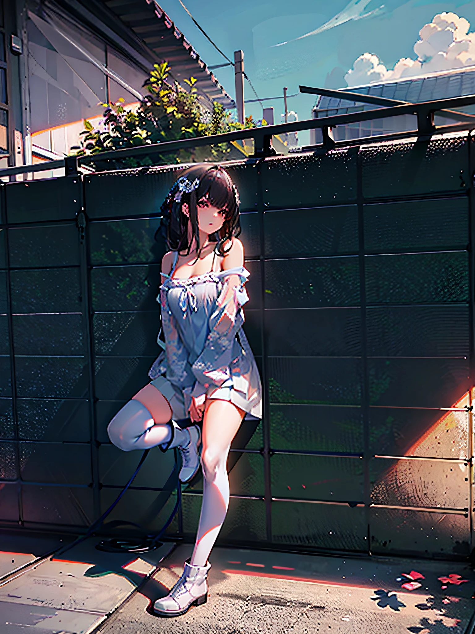 women lean against a wall，Legs crossed, chiho, Casual pose, in summer, On a sunny day, wearing a camisole and shorts, a variety of poses, on a bright day, at summer afternoon, outfit photograph, shiori teshirogi, harumi, Shin Jinying, wearing a camisole and boots, Sunny day，legs visible
