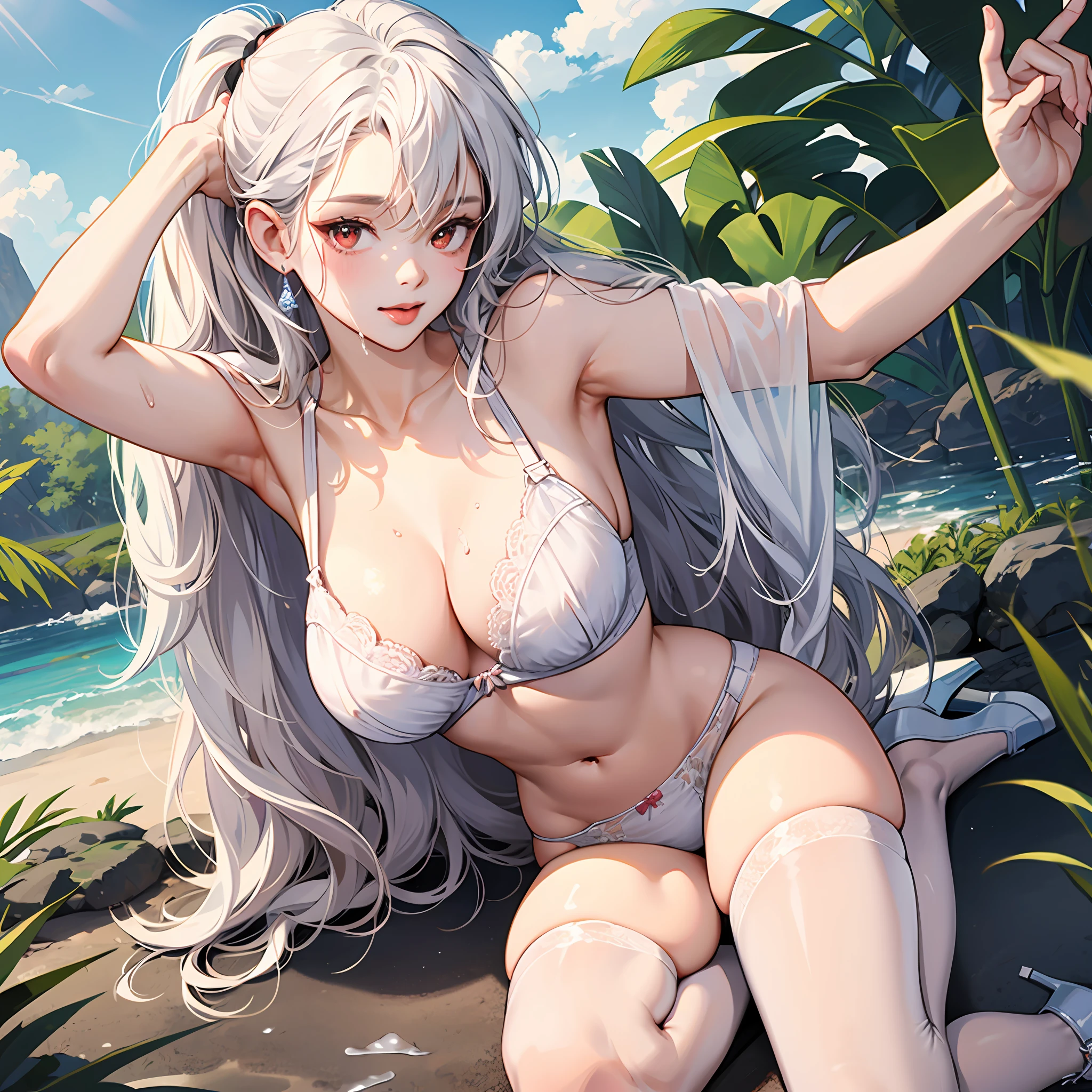 Kizi， full bodyesbian，White color hair，Two ponytails，Red eyes ，very detail eyes，Very detailed hair，（A white bikini）， kneels on the ground， On the beach，Tiptoeing，opening legs，M-shaped legs， （Be red in the face：1.2）， Stick out your tongue，Hands holding your head out of sight，Fingers are blocked， （Moisturizes the body1.2），White liquid，（ Perspective below），（Sagging breasts1.2），（Huge breasts 1.2），（Anatomically correct 1.3），briefs exposed，Bra exposed，（white stockings），high-heels，Open crotch tong，（Wet with all over the body），Wet underwear，Cloudiness of facial fluid，There is a lot of white liquid on the thighs，There is a lot of white liquid under the panties，There is a lot of white liquid on the ground，（extremaly detailed cg），8K，The is very detailed，（A high resolution），（very detail eyes，Very detailed hair） --auto