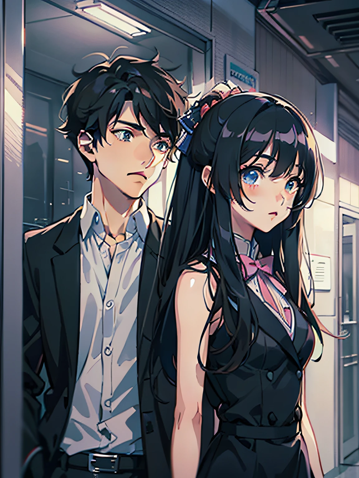 Anime couple standing in the hallway waiting for the elevator, Girl with long black hair,black color dress,Short black hair for boys,Anime style illustration, In anime style, High-quality fanart, by Yang J, style of anime4 K, Digital anime illustration, in an anime style, two anime handsome men, Handsome anime pose, cute couple, High quality anime art style, highly detailed exquisite fanart, Guviz-style artwork
