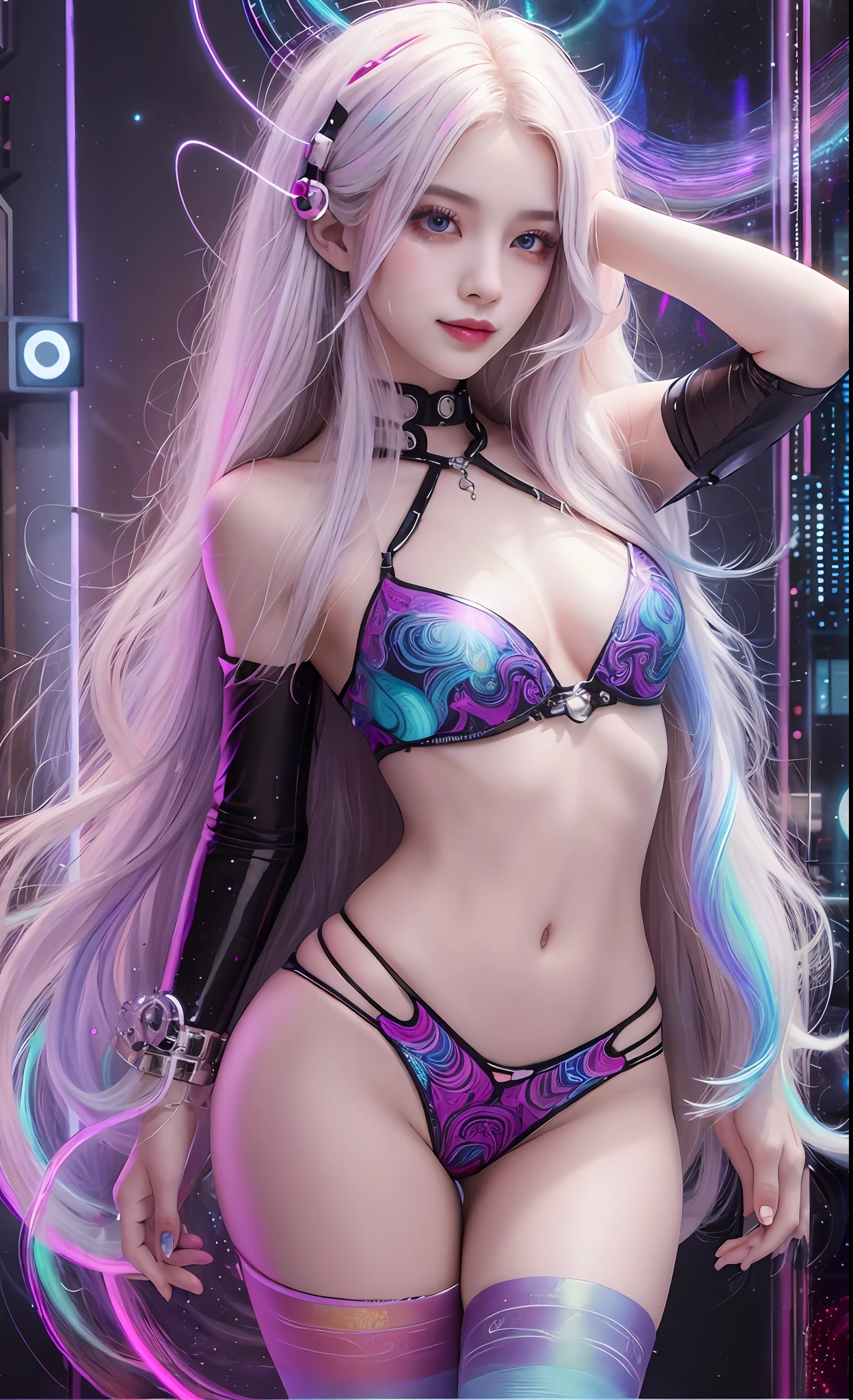 Masterpiece, Best Quality, Girls, Slender, Rainbow Colored Eyes, Hair Color, Rainbow Color, Long Hair Spreading, White Skin, Medium, Pretty, Sexy, Halo, Near Future, Bikini, Too Exposed Skin, Psychedelic, Trip, Highly Colored, Paisley, Highly Colored, Cyberspace, Cyberpunk, Disco, Mirror Ball, Buddhism, Mandala Themes, Open Legs, Eyeshadow, False Lashes, Blushing, mechanical left arm, smile, whole body