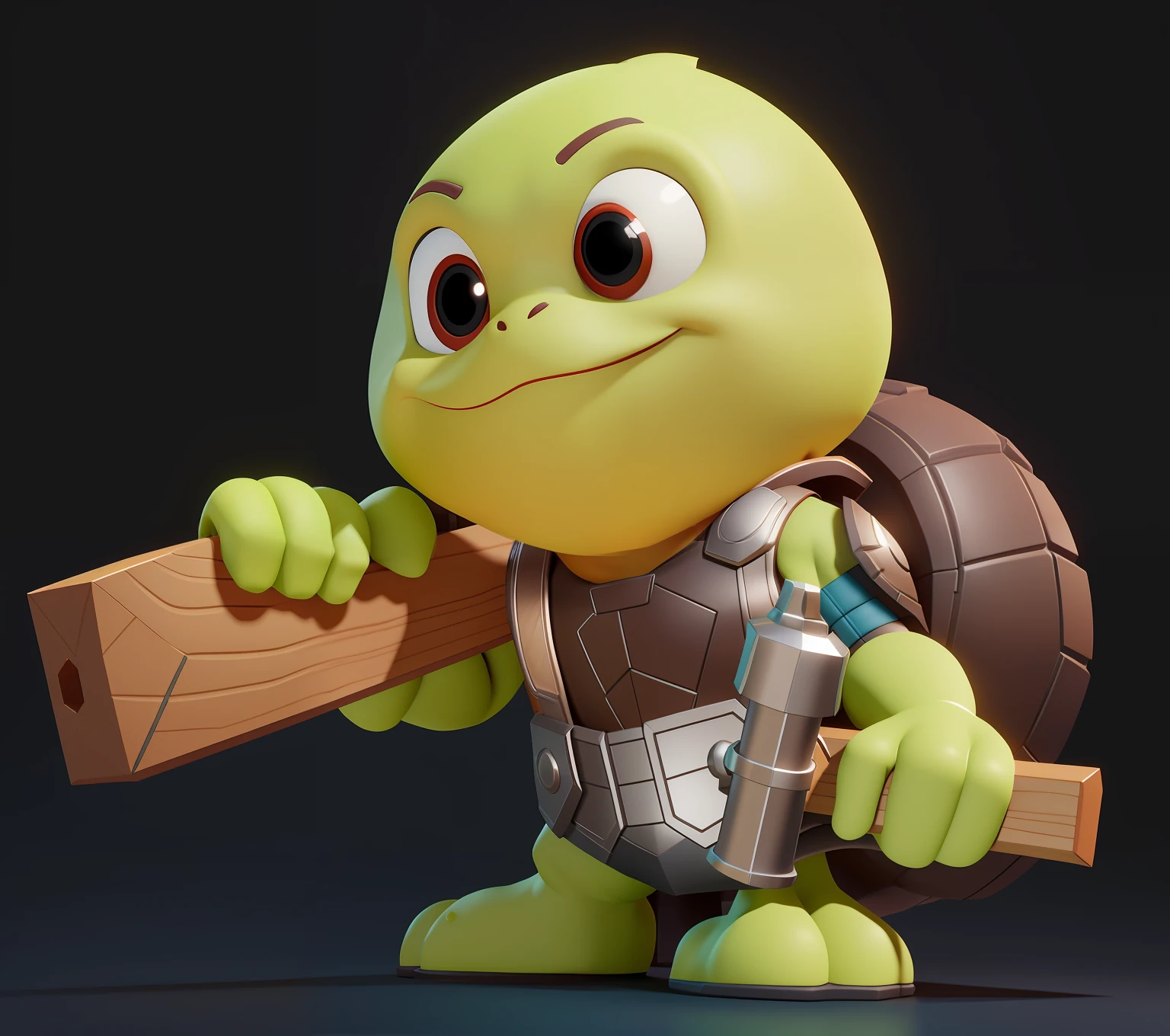 meticuloso,higher details,With a plank and a hammer in his hand,Detail hammer,Thor's hammer,Tide play,toys, sticky tar., Stylized 3 D, Personagem pequeno. Unreal Engine 5, anthropomorphic turtle hero, colored zbrush render, unreal engine character art, trending on polycount, 3 d render stylized, Zbrush Central Contest Winner, zbrush contest winner, stylized 3d render