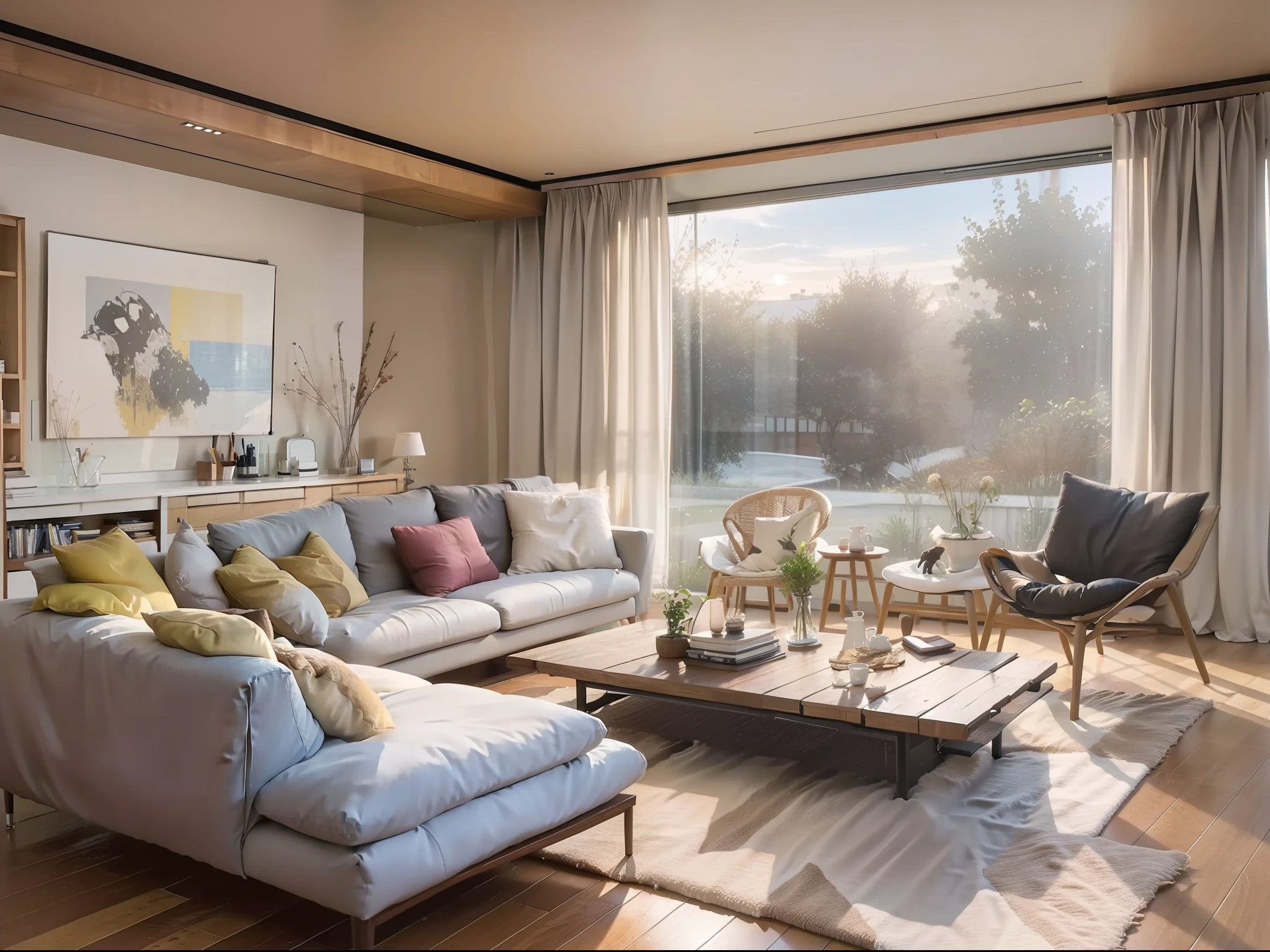 a sketch of a beautiful modern living room, (((foster and partners, artists impression, artistic impression, by Hamish MacDonald, by Carey Morris, by David Brewster, higher detailed illustration, by Helen Berman, an illustration, detailed illustration, by Nick Fudge, by Warren Mahy, artist's impression))), a kitchen cabinet behind the white sofa, with minimal pictures on the wall, linen curtain next to the classroom window, coffee table, modern wood, ceiling with magnetic emissive lighting, white fabric PRB textures, wooden floor PRB texture,