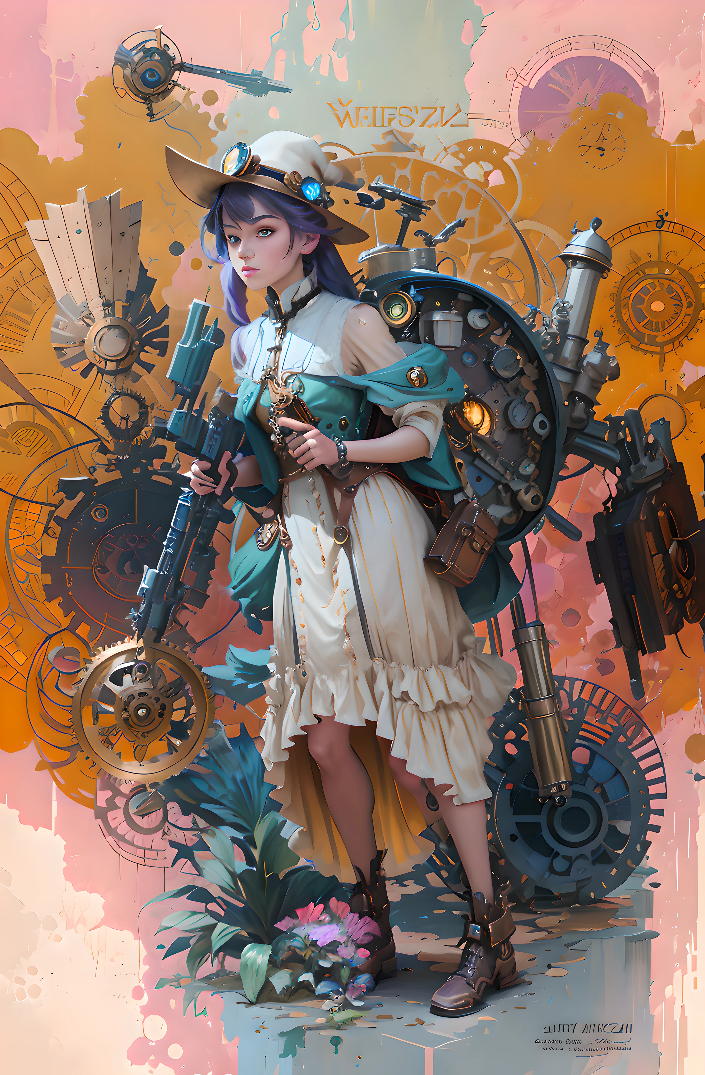 There was a woman carrying a large clock, Colorful sci-fi steampunk, Vivid steampunk concept, girl with warship parts, mechanized witch girl, digital steampunk art, Kushatt Krenz Key Art Women, Guviz-style artwork, Mechanized Valkyrie girl, steampunk beautiful anime woman, estilo de fantasia steampunk, steampunk digital art, steampunk inventor girl，High detail, Tonalism, abstract expressionism, Chiaroscuro, shadowing, Silhouette, 16k, Super detail, Best quality