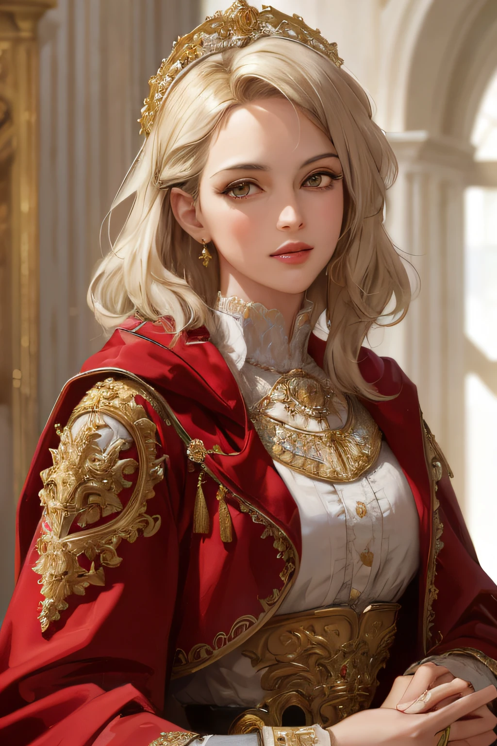 (masterpiece: 1.2, best quality), realistic, (real picture, complex details, depth of field), best quality, masterpiece, high detail, semi-realistic, 1 girl, grown woman, age 55, with short black hair,Hairy eyes on the left,Black colored eyes,Royal clothes,Red cloak,slim toned body