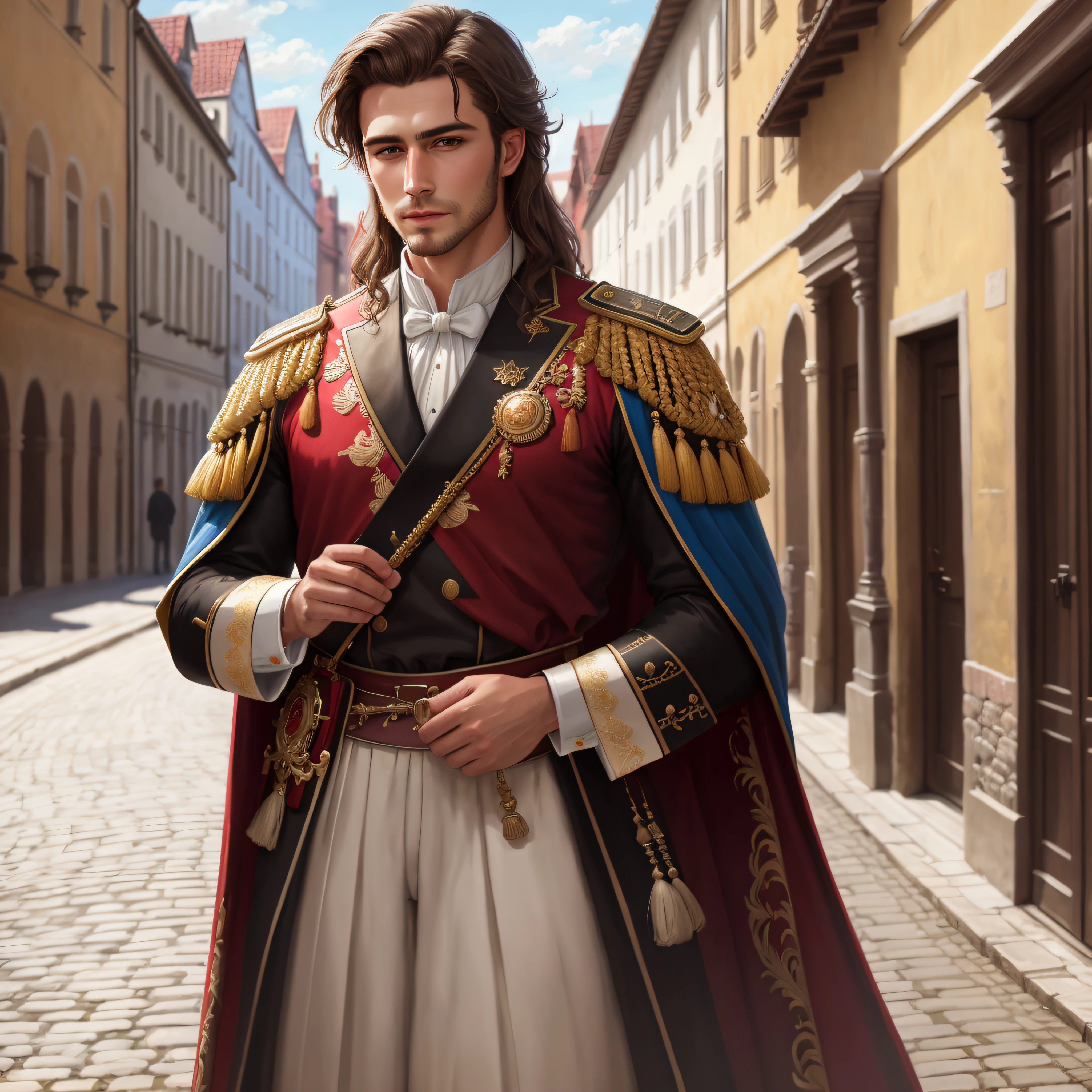 European Handsome man, Traditional Dress, Detailed, Hyper Realistic, 8k, UHD, Full Color, Digital Painting, Cinematic Beautiful Background