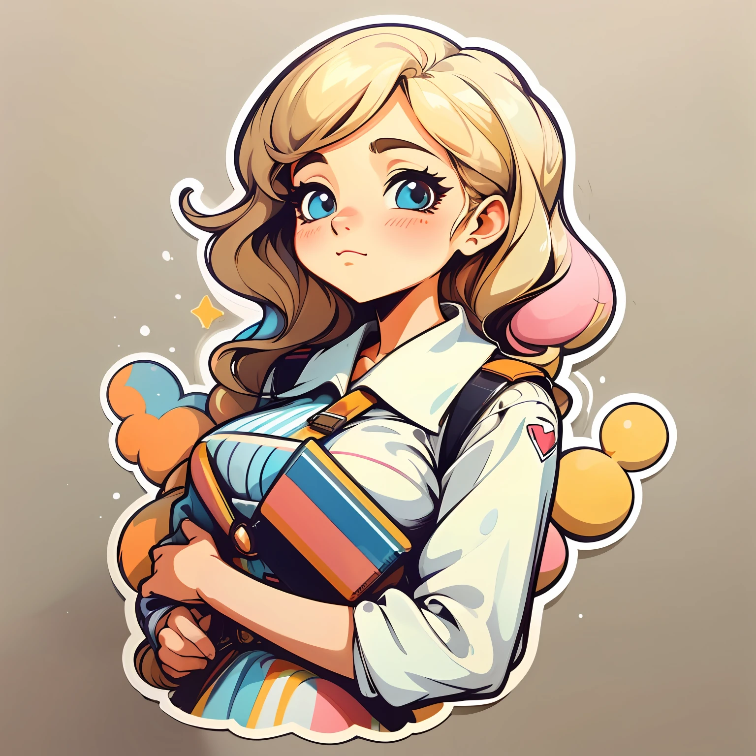 1sticker，Handbook，（a sticker，1womanl，Reporter，(A half body)，Golden hair，White color blouse）， white backgrounid， simple backgound， dk， adolable， Little big breasts柄， pastel colour， vectorstyle， no gradien