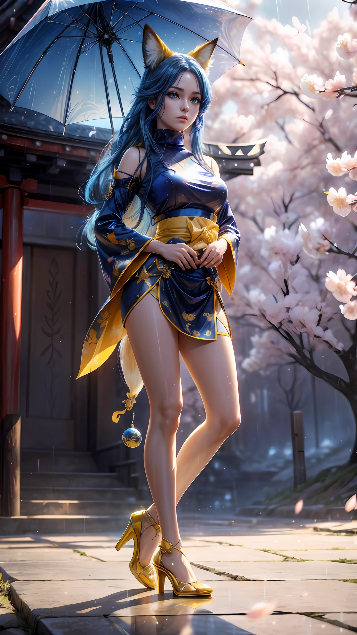 Best quality, hyper-high detail, very high res, Extremely detailed CG, 真实感,absurd res,fox ear,Huge colorful fox tail, 8K,Colorful, A 20-year-old nine-tailed fox girl,japanaese girl,Light turtleneck shirt,Detailed clothing patterns,tiese,(full body:1.3),Solo,(Perfect body shape),(long leges:1.3), kneels on the ground,high-heels,(Black eyes), (Blue hair to shoulders), Extremely long blue diamond hair floating, blueribbon, Beautiful eyes,(Blue clothes | yellow clothing:1.3),Wet clothes, (Short blue skirt), detailed and beatiful face and eyes, ((Shiny skin)), Shiny hair, (detailed and beautiful shiny clothes, Temple,holy rays,japan temple,the cherry trees,Cherry blossoms flying,Rained,(dynamicposes:1.3),low perspective,Hold the energy ball in your hand,