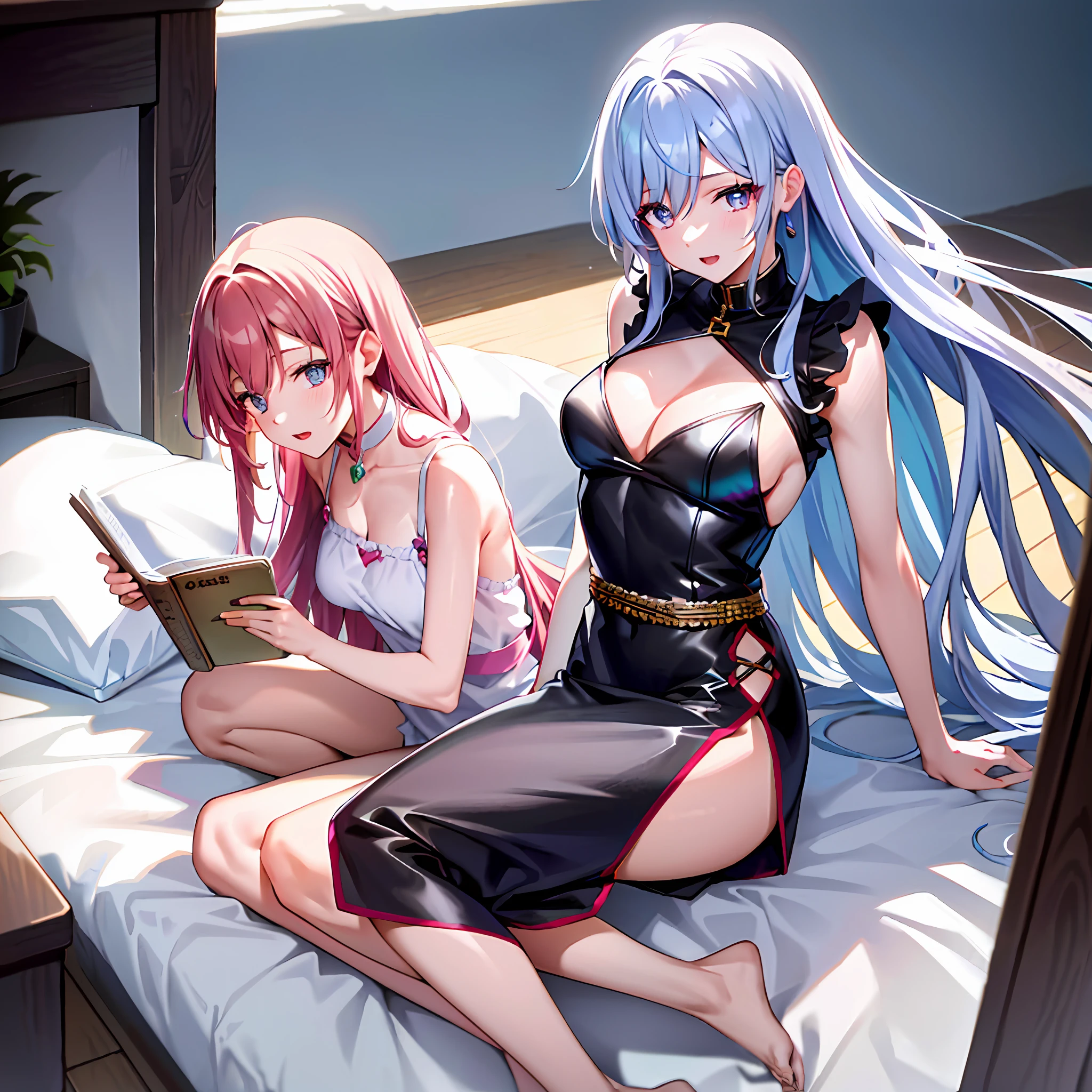 超A high resolution, nffsw, Best aesthetic, Best Quality, masutepiece, one male individual、1 female, Both have iridescent hair, They are in love and shy.