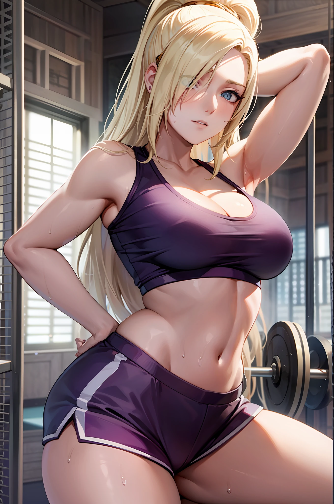 yamanaka ino, hair light, Beautiful eyes, 独奏, purple top, gym shorts, Neckline on the thigh, stocklings, Gym, stands, wide thighs, spreading legs, big breastes, tmasterpiece, Erotica, ass, elastic ass, bust, Sport, the sweat