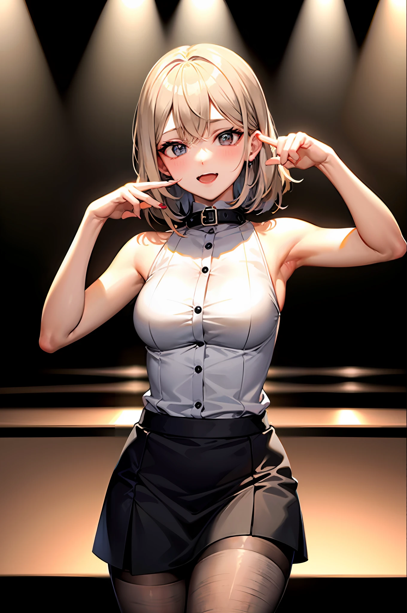 best qualtiy，超高分辨率，1girl，sleeveless white button shirt，a black skirt，Black collar，seductiv，black lence stockings（Kpop idol），（aegyo sal：1），（Platinum blonde hair：1），（（puffy eye）），It looks like in front of the audience，full bodyesbian，facing the front there