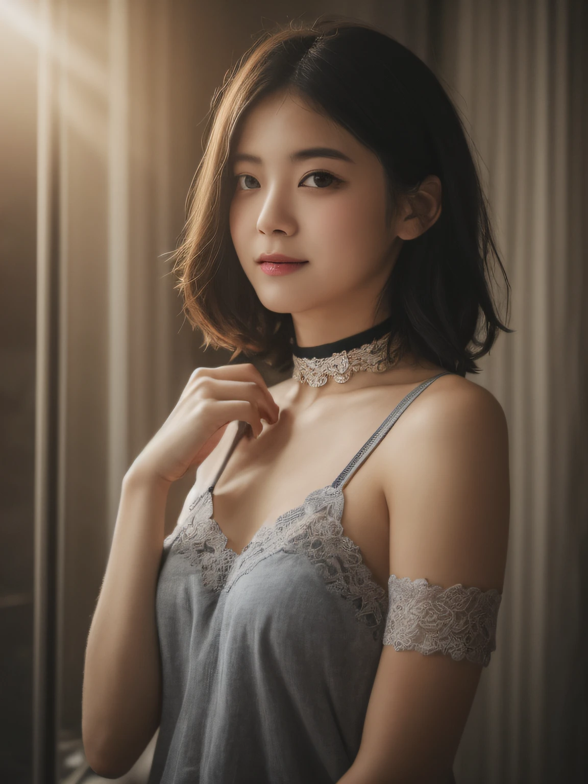 best qualtiy, tmasterpiece, 超高分辨率, (realisticlying:1.5), RAW photogr, 1girll, ssmile,bshoulders,choker necklace,Black lace eye patch,in the darkness nigth, deep shading, low tune, cold light, Sexy look, short detailed hair,rays of sunshine