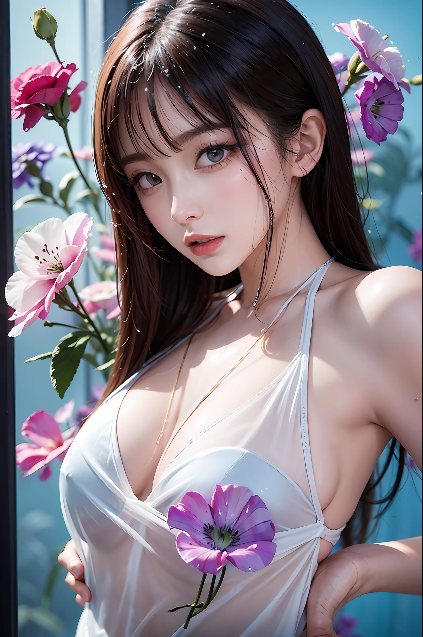 1girl in、florals、Lisianthus、See-through pale pink and lace、See-through in bright azure style、dreamy and romantic compositions、white colors、Ethereal leaves、Playful placement、Fantasia、highly contrast、Ink strokes、explosions、over exposure、Purple and red tone impression、Abstract、(Watercolors by John Barkey and Jeremy Mann))brushstrokes、negative space、see -through、Sheer clothing、Wet clothes、Wet hair、Sheer feeling、with floral pattern、halterneck、Show your back、wetted skin、A sexy、Dynamic Posing