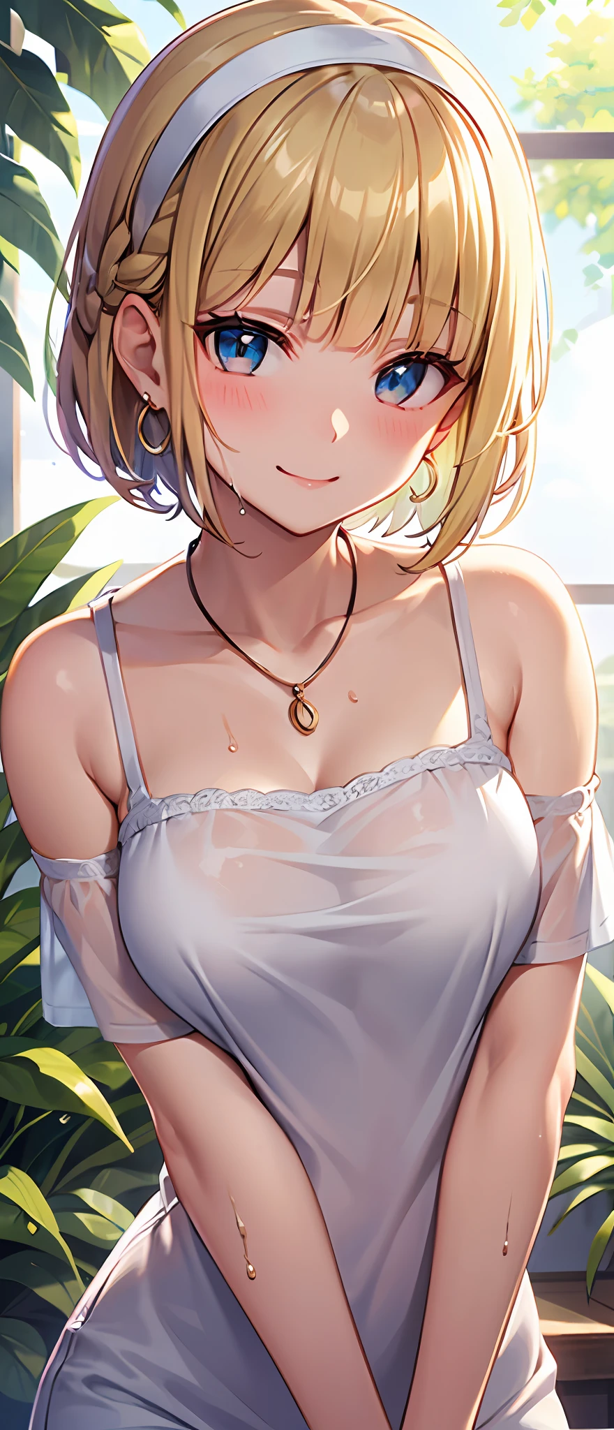 best quality,masterpiece,shiny blonde,blue eyes,white clothes, look down on, upper body,hair strand,Fair skin,short bob,wet through,french braid,blushing and red,blunt bangs,headband,simple necklace,hoop earrings,gladient hair,smile gently,camel toe,left sideburn is longer than right one