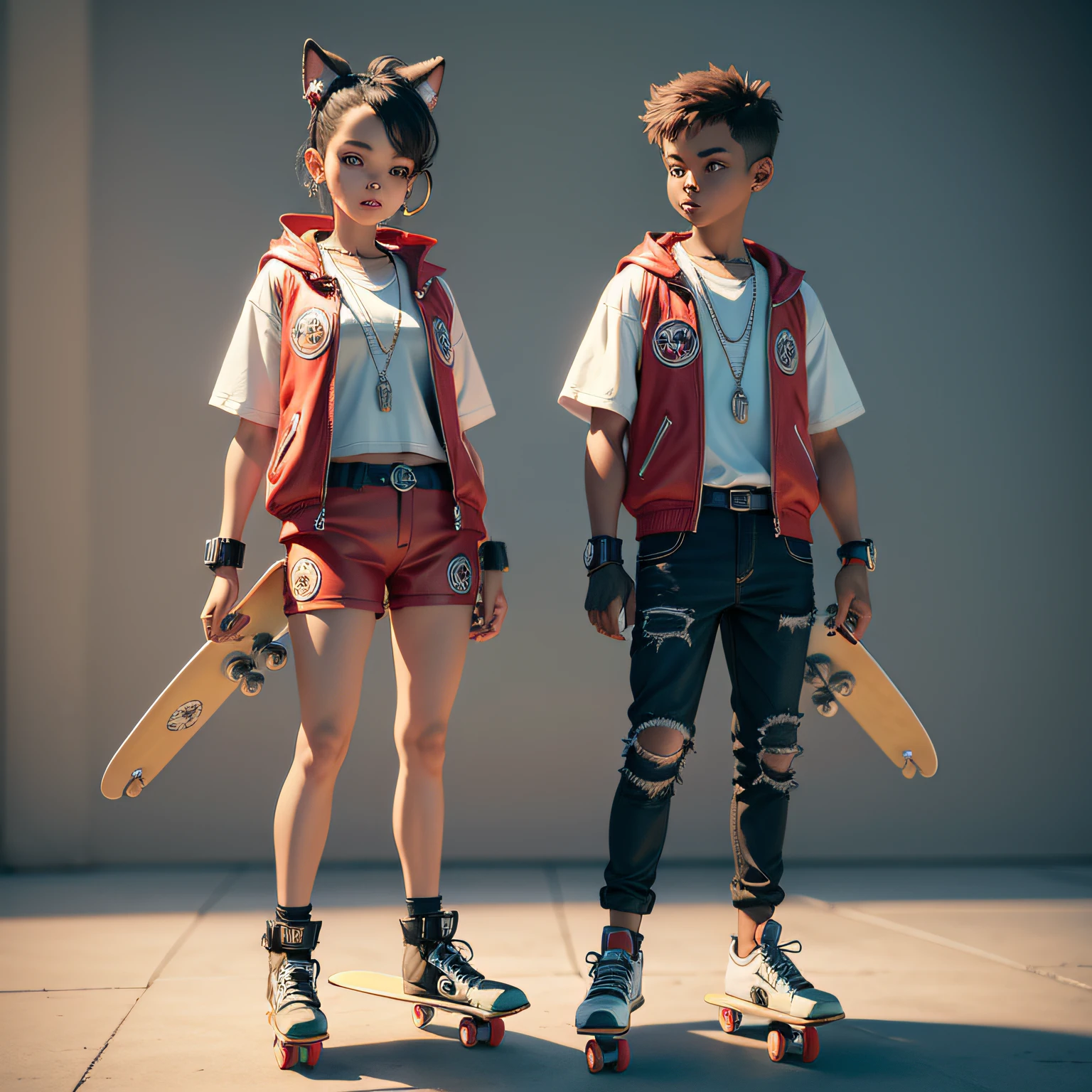 Puppy humanoid standing cute 3D cartoon IP image，Puppies with metal rings on their ears，Wearing a red vest，holding skate board --auto