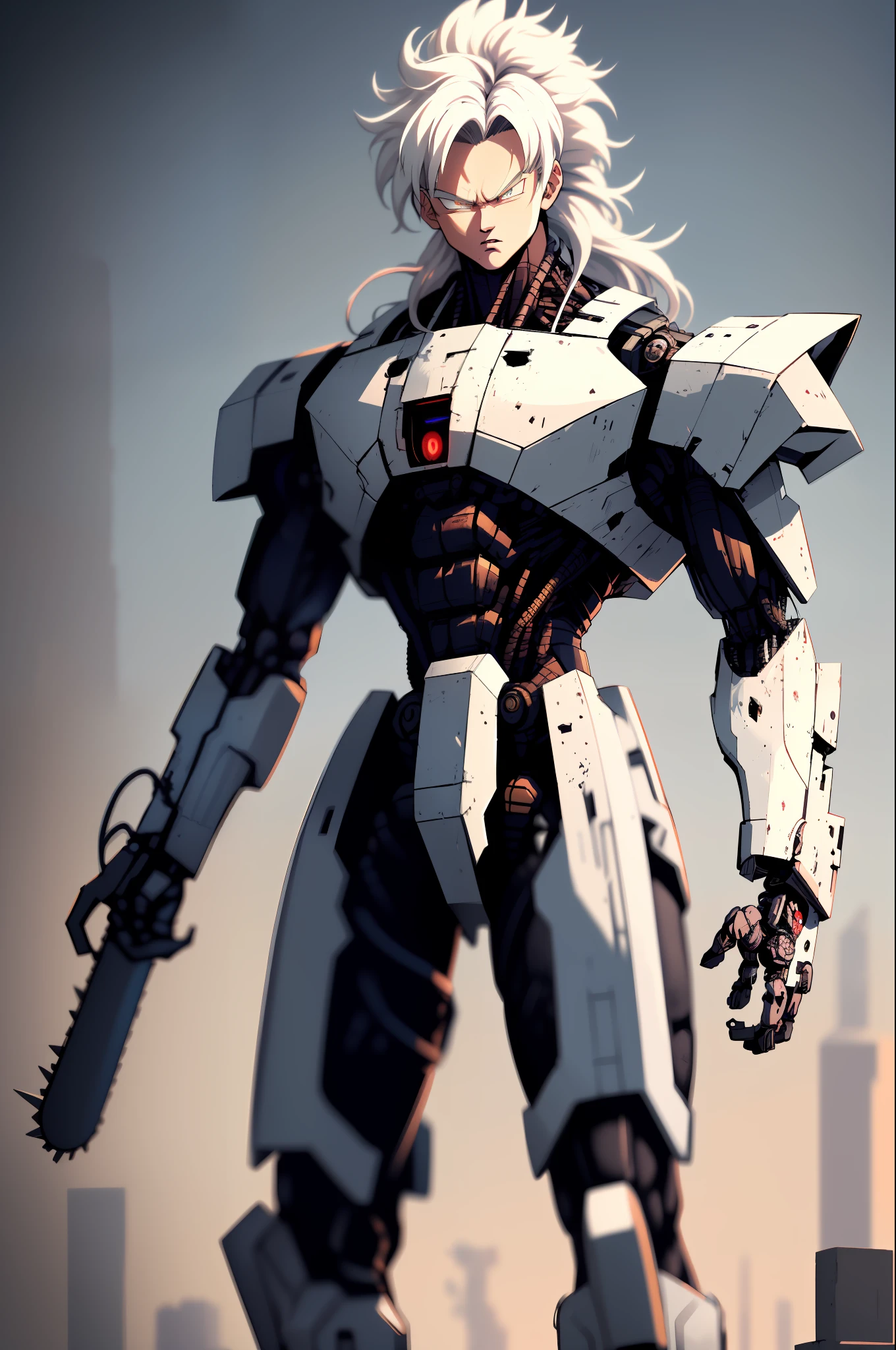 Highly detailed, High Quality, Masterpiece, beautiful, SuperSaiyan, 1boy, solo, cowboy shot, with long pointy horns , super saiyan, spiked hair, aura, electricity, gigachad, (long hair:1.2), white hair, wearing a cybernetic mecha armor with jet laser wings , with mechanical chainsaw