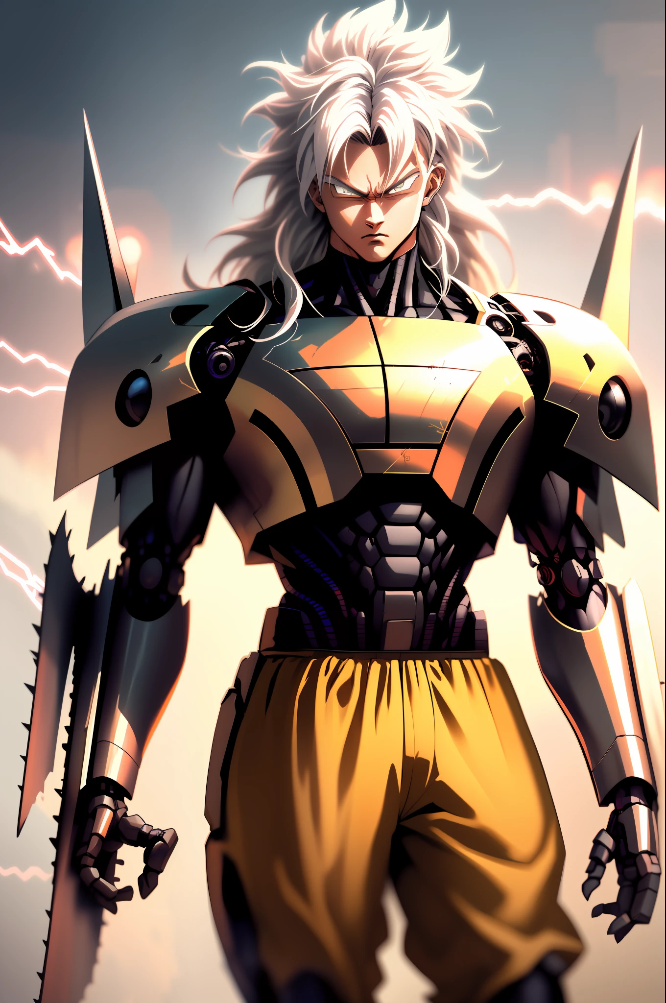 Highly detailed, High Quality, Masterpiece, beautiful, SuperSaiyan, 1boy, solo, cowboy shot, with long pointy horns , super saiyan, spiked hair, aura, electricity, gigachad, (long hair:1.2), white hair, wearing a cybernetic mecha armor with jet laser wings , with mechanical chainsaw