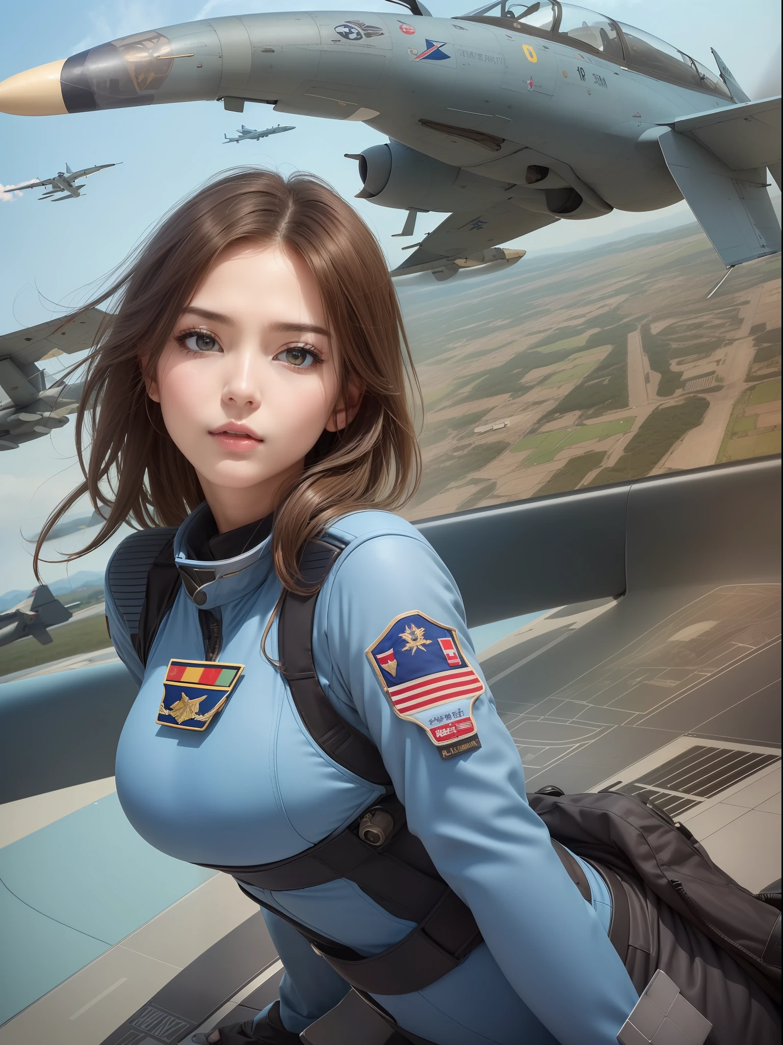 masuter piece, best qualtiy, (((realisitic, Photorealsitic:1.37))), ((独奏)), 8K image quality, Extremely delicate and beautiful, splendid, Official art with attention to detail, Ridiculous, Unbelievably ridiculous, huge filesize, ultra-detailliert, ighly detailed, (Pretty girl), (detailed girl), extremely detailed eye and face, Beautiful detailed eyes, Light makeup,, (Perfect female figure), large full breasts, Slim waist, big butts, (Korean Beauties), ((fullllbody)), ((Put the head in the frame)), Brown hair, ((Female Fighter Pilot)), (((Full body fighter pilot suit in sky blue color)), (Military Airports, Sunnyday),