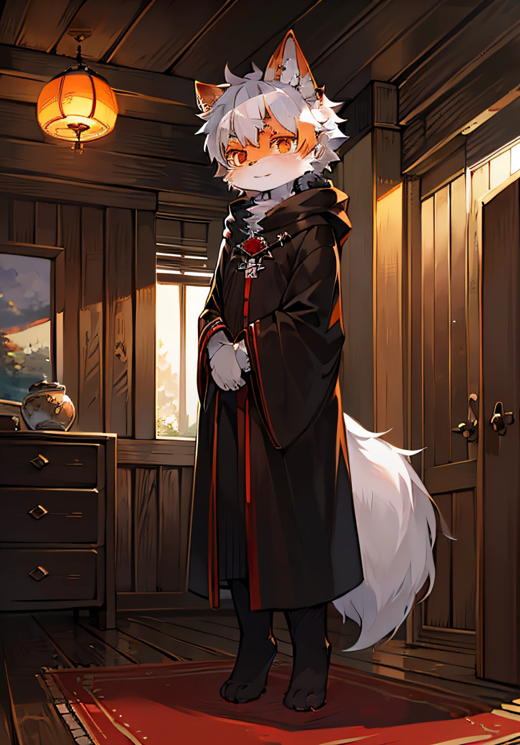 (ambiente dark:1.2),masterpiece,high quality,abstract res,digital painting\(artwork\), by dagasi, yupa,kiyosan,(anthro,fluffy fur,character focus:1.1),anthro male cat,short hair,portrait , eyes with brightness, in a panoramic view, Character focus.(detailedbackground:0.7), 独奏, shaggy, shaggy male, malefocus, anthr,(Full Body Furry, Fluffy tail, White fur, Orange eyes, Gray hair:1.2), (long canines、Red earrings、a black cloak:1.2),(interiors、In the daytime、beachside:1.1)