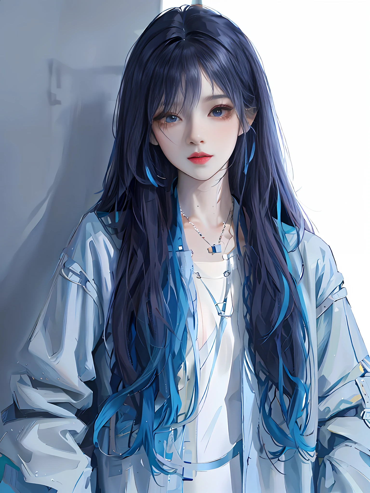 An 8k,Realistic young girl in anime style,wearing blue jacket,Long hair shawl,blue hairs,beautiful blue-haired girl,style of anime。