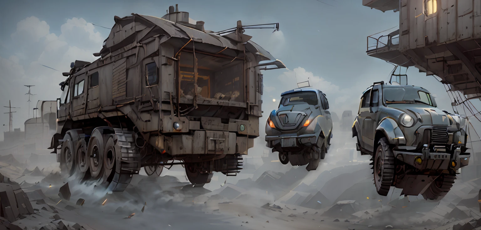 Three cars take off into the air, Simon Stalenhag's style, Simon Stalenhag is very detailed, Orchid MakK, Simon Stallenhag, simon stålenhag. Digital Art, based on Ian McCue, Concept art by Sergey Kolesov, Stalenhag Style, Sergey Kolesov