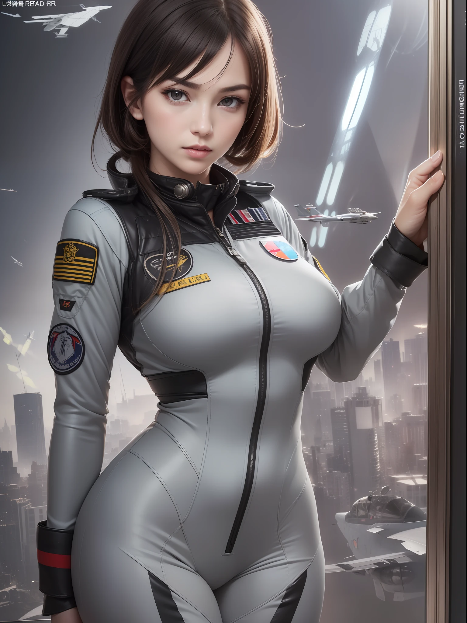 masuter piece, best qualtiy, (((realisitic, Photorealsitic:1.37))), ((Solo)), 8K image quality, Extremely delicate and beautiful, splendid, Official art with attention to detail, Ridiculous, Unbelievably ridiculous, huge filesize, ultra-detailliert, ighly detailed, (Pretty girl), (detailed girl), extremely detailed eye and face, Beautiful detailed eyes, Light makeup,, (Perfect female figure), Slim waist, (The beauty of the Japan), ((fullllbody)), ((Put the head in the frame)), A dark-haired, ((Female Fighter Pilot)), (((Full body fighter pilot suit, light gray))), Military Airports, Sunnyday,