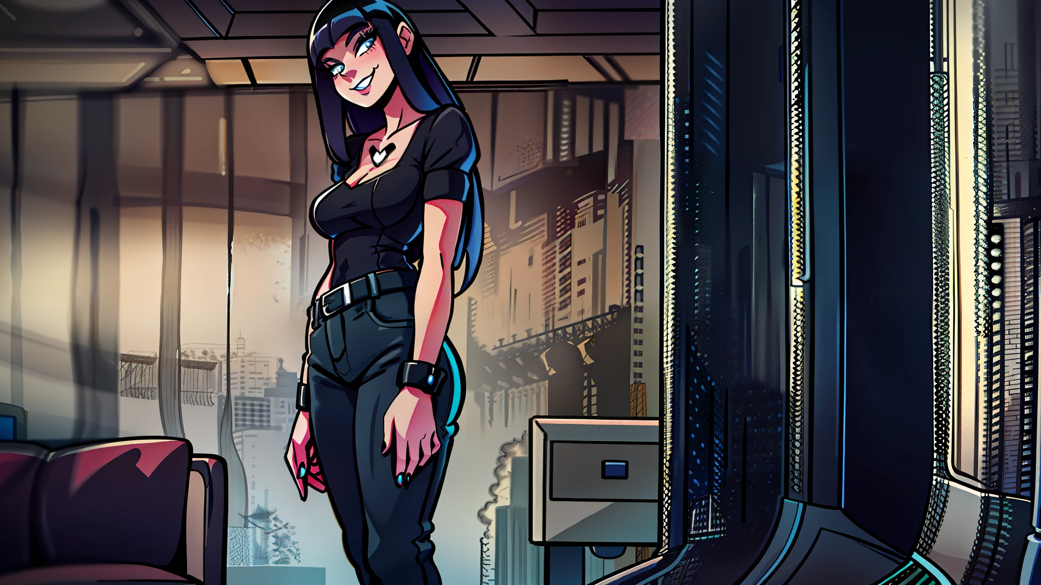 giant goth girl, black lips, 8meters tall, looking to the tiny viewer, modern clothes. young woman 20 years old. She is taller, she is has a sly smile.
