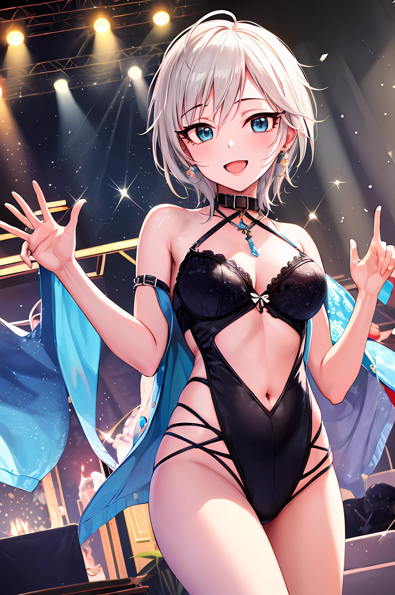 masterpiece, top-quality, hight resolution, 1girl in, white hair, shorth hair, blue eyess, Medium chest, wave her hand, Idol, doress, hair adornments, A smile, open open mouth, stage, The Idolmaster Cinderella Girls,Sexy swimming costume