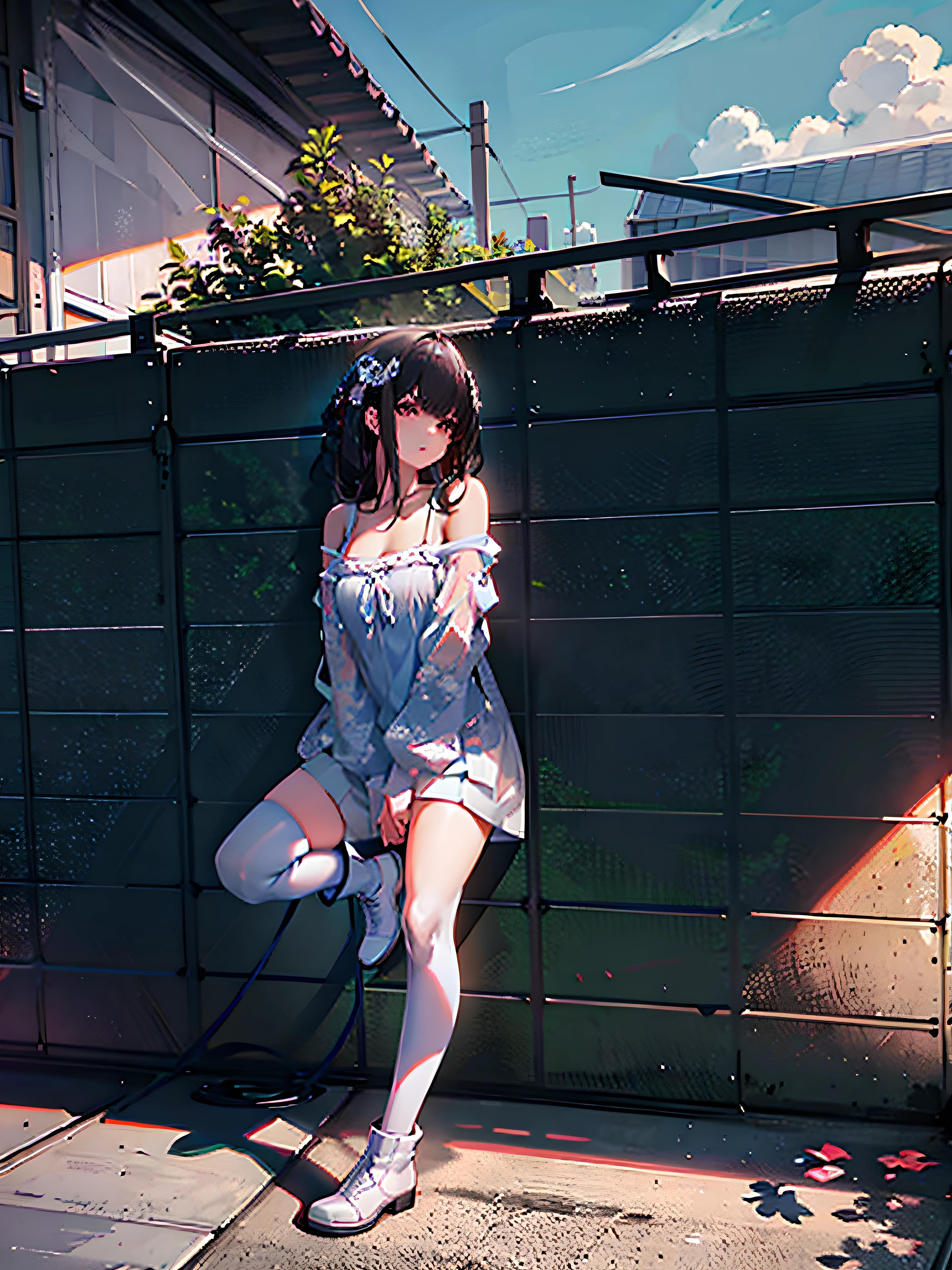 women lean against a wall,Legs crossed, chiho, Casual pose, in summer, On a sunny day, wearing a camisole and shorts, a variety of poses, on a bright day, at summer afternoon, outfit photograph, shiori teshirogi, harumi, Shin Jinying, wearing a camisole and boots, Sunny day,legs visible