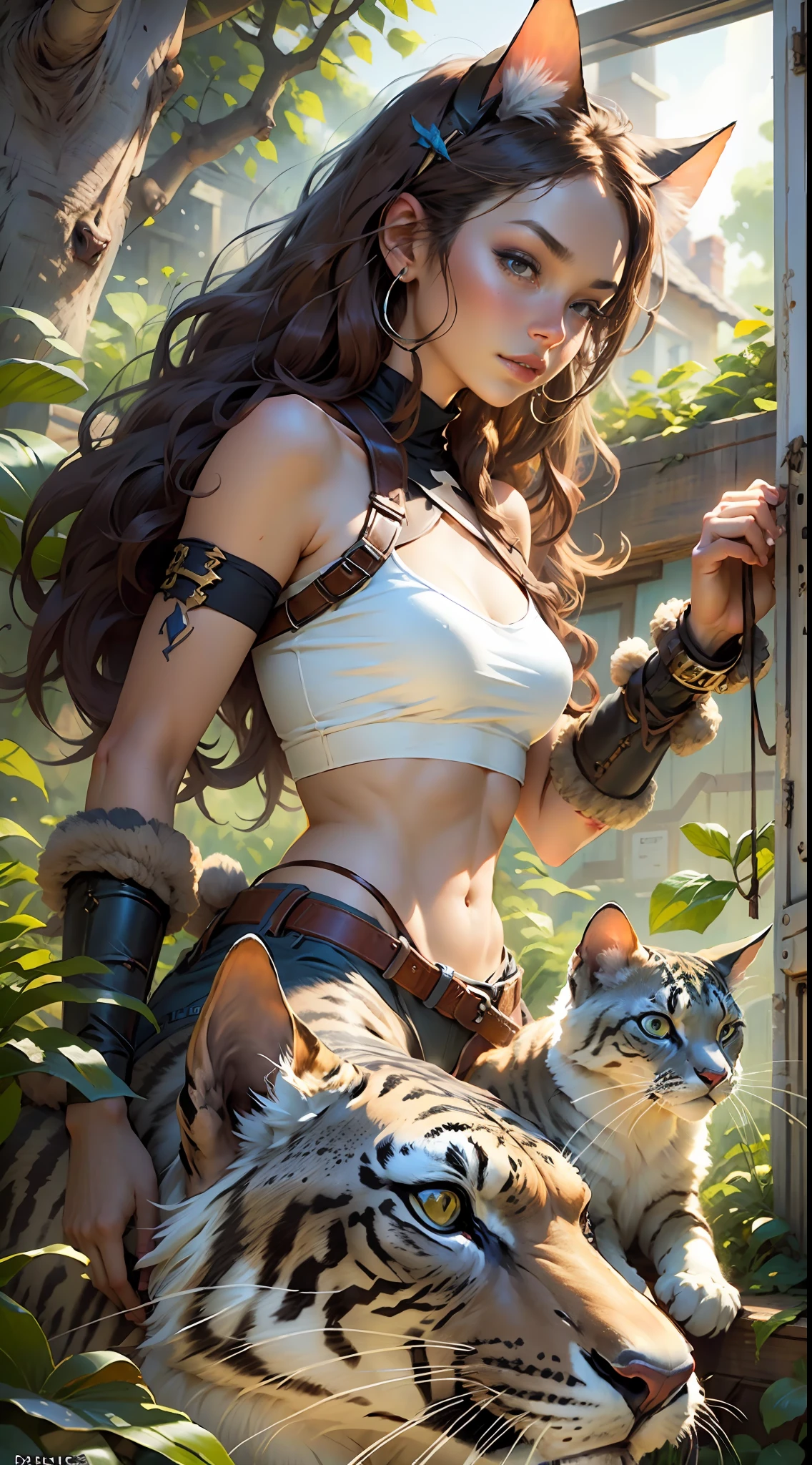 a beautiful woman, riding a wild and prehistoric cat