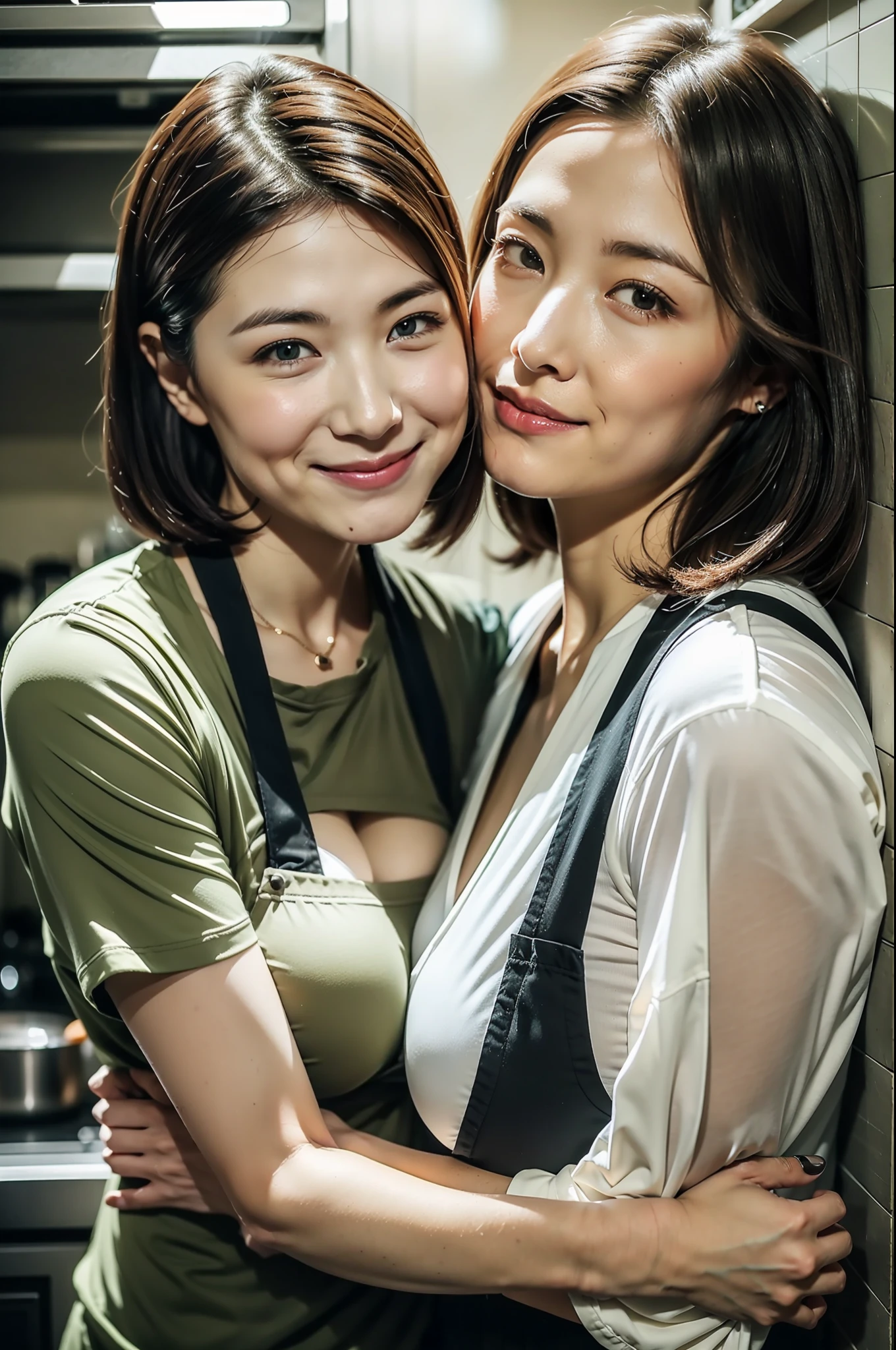 best qualtiy、masterpiece、fidelity:1.3、超A high resolution、(Photorealsitic:1.4)、Man and woman hugging each other in the kitchen(The woman is tall:1.5、Man is a boy)、1 Most Beautiful Mature Woman in Japan(Obscene big breasts:1.4、Wearing an apron、Bob Hair)、1 boy with a cute face(shortsleeves)The ultra -The high-definition