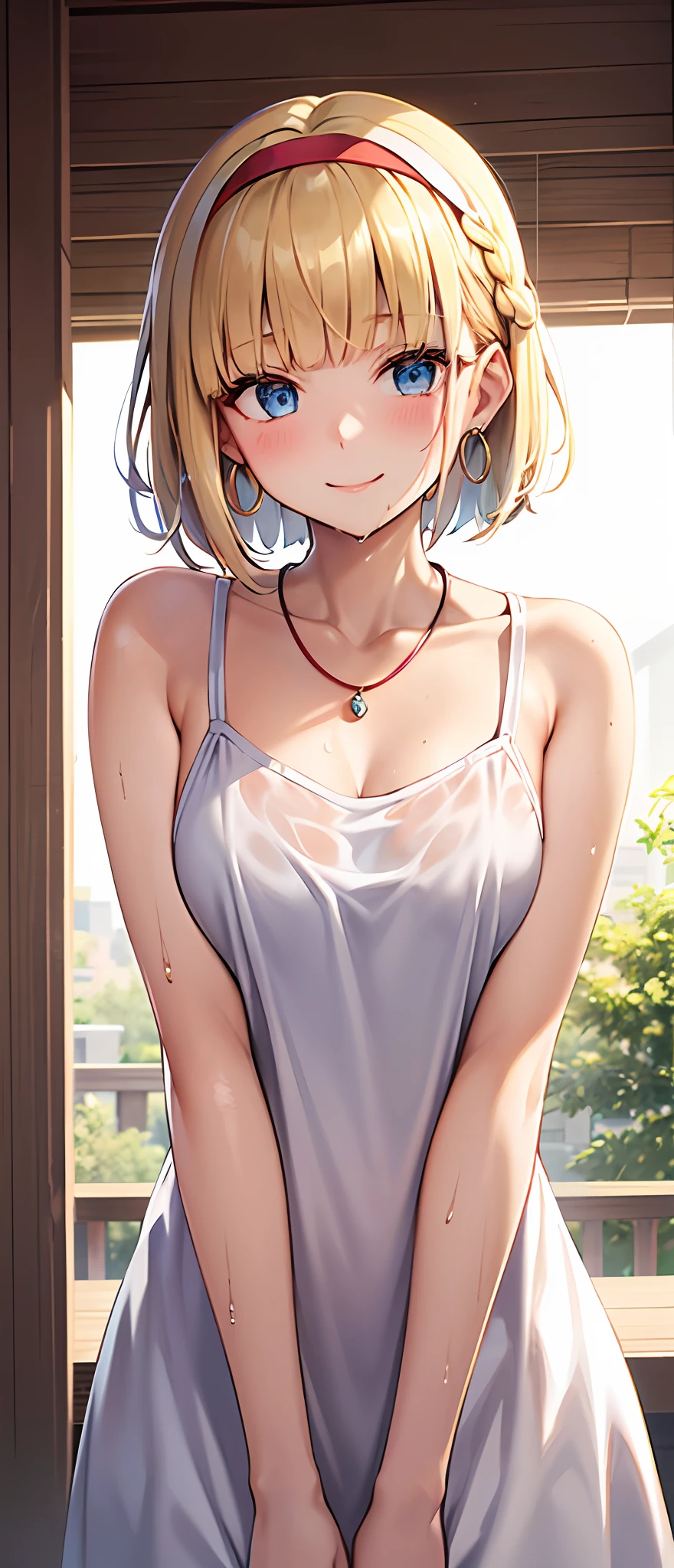 best quality,masterpiece,shiny blonde,blue eyes,white clothes, look down on, upper body,hair strand,Fair skin,short bob,wet through,french braid,blushing and red,blunt bangs,headband,simple necklace,hoop earrings,gladient hair,smile gently,left sideburn is longer than right one