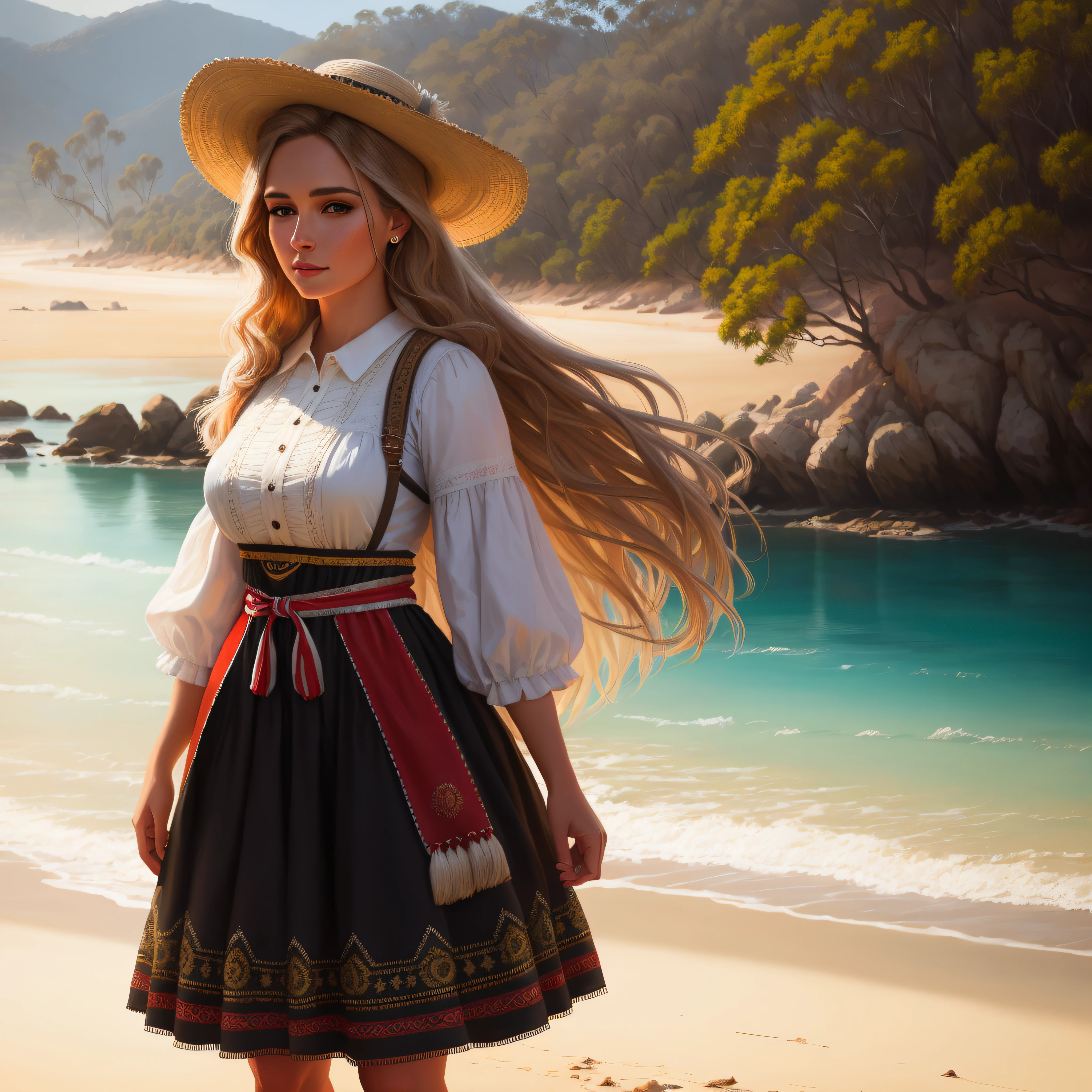 Australian Beautiful Woman, Traditional Dress, Detailed, Hyper Realistic, 8k, UHD, Full Color, Digital Painting, Cinematic Beautiful Background