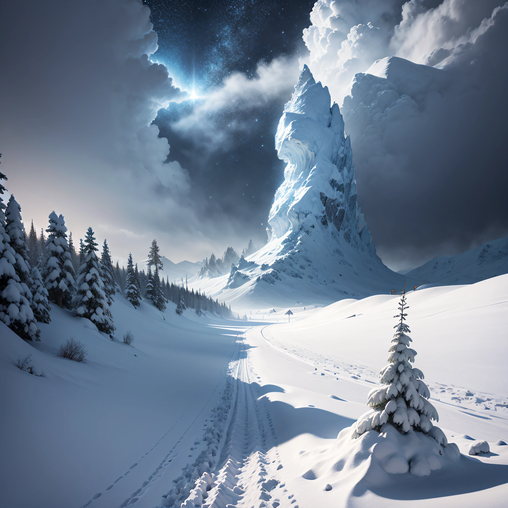 Snowy mountain with a lone tree in the foreground - SeaArt AI