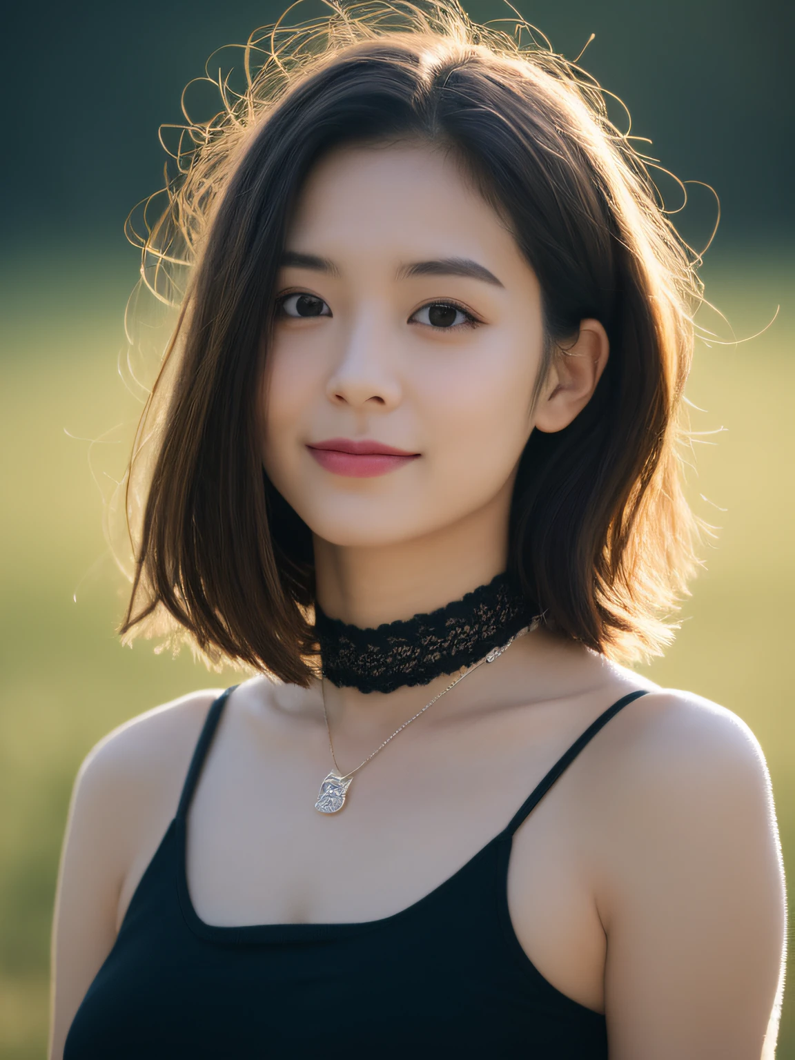 best qualtiy, tmasterpiece, 超高分辨率, (realisticlying:1.5), RAW photogr, 1girll, ssmile,bshoulders,choker necklace,Black lace eye patch,in the darkness nigth, deep shading, low tune, cold light, Sexy look, short detailed hair,rays of sunshine
