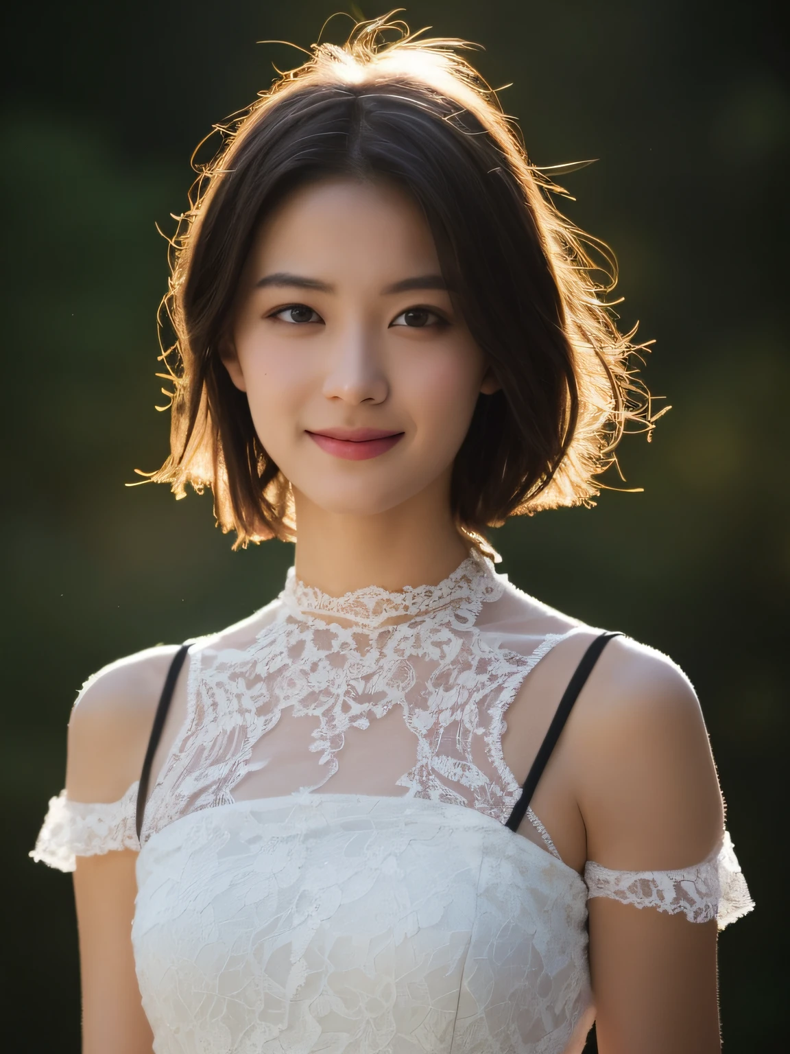 best qualtiy， tmasterpiece， 超高分辨率， （realisticlying：1.5）， RAW photogr， 1girll， ssmile，bshoulders，choker necklace，Black lace eye patch，in the darkness nigth， deep shading， low tune， cold light， Sexy look， short detailed hair，rays of sunshine