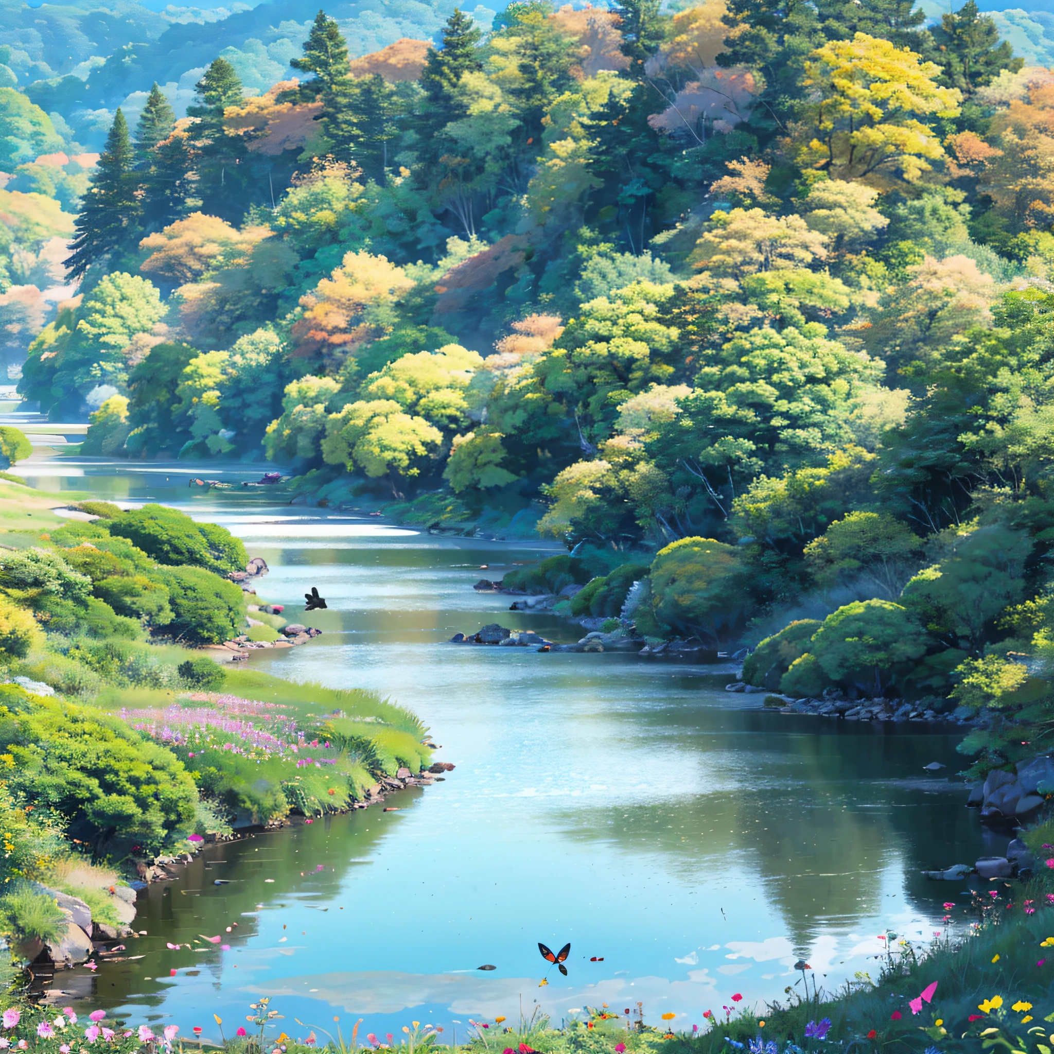 Distant scenery,Green mountains,clear blue skies,Flocks of birds flew in the sky,There are butterflies all around,Small river around,tussock,There are flowers on the ground,a warm color palette,China-style