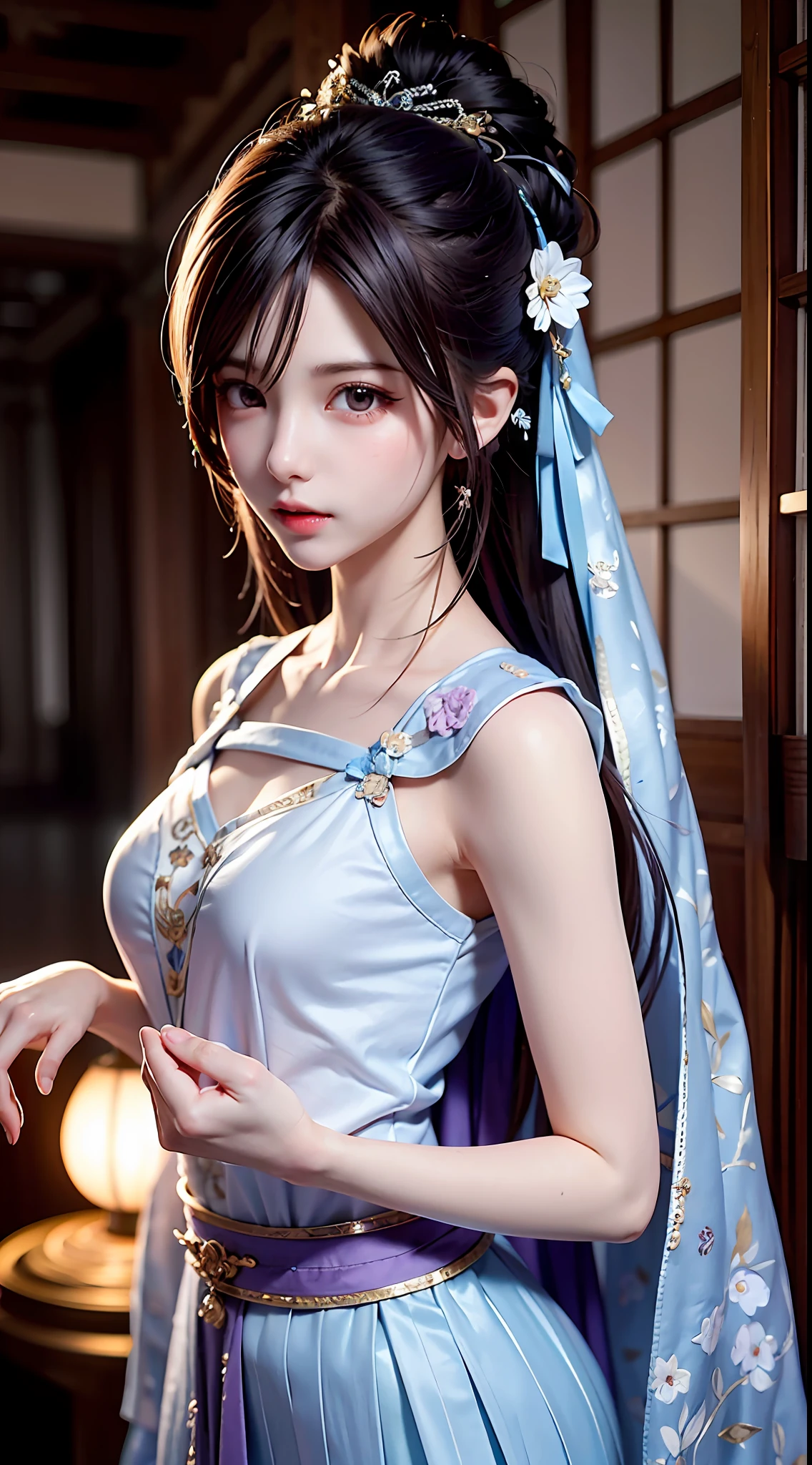 Bust photo，a  beautiful female，messy  hair，teens girl，Symmetrical bun，hair adornments，jewelry，The face is delicate，eye shadows，Purple top，purpleish color，purple，Crop topping，long purple skirt，Japanese style，Delicate embroidery，silver decoration，silver streamer，white streamer，Light blue streamer，Fine fine skin，Soft light effects，Delicate and smooth hair，exquisite detailing，eyes highlights，Fair skin，Fine portrayal，Ultimate detail，Cinematic quality，being thin，slenderness，Fragmentation，hair detail，Thin bangs，Shawl hair，Correct bodies，shadowing，Air bangs，8K，Super meticulous，Fine fabric texture，softness，complaisant，Smooth texture，japanese-inspired，Delicate pattern，correct hand painting，anatomy correct，acurate，the night，Night，lamplight，Dingdall effect，Ray traching，Head-up display，